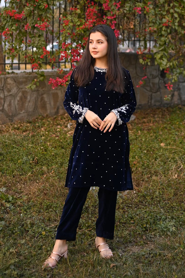 Blue Velvet Short Dress with Kora Dabka Hand Embellishment – 2 Piece Set