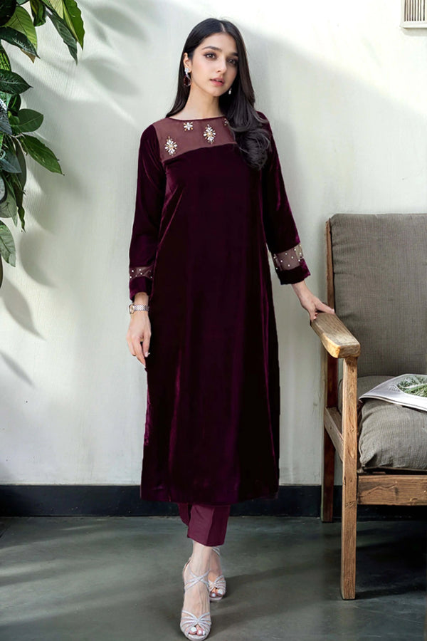 Maroon Velvet Two Piece Set with Hand Embellishments