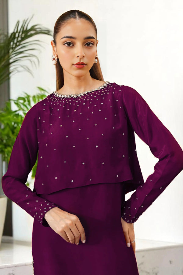 Crystal-Embellished Plum Outfit with Crop Top and Flowing Dress