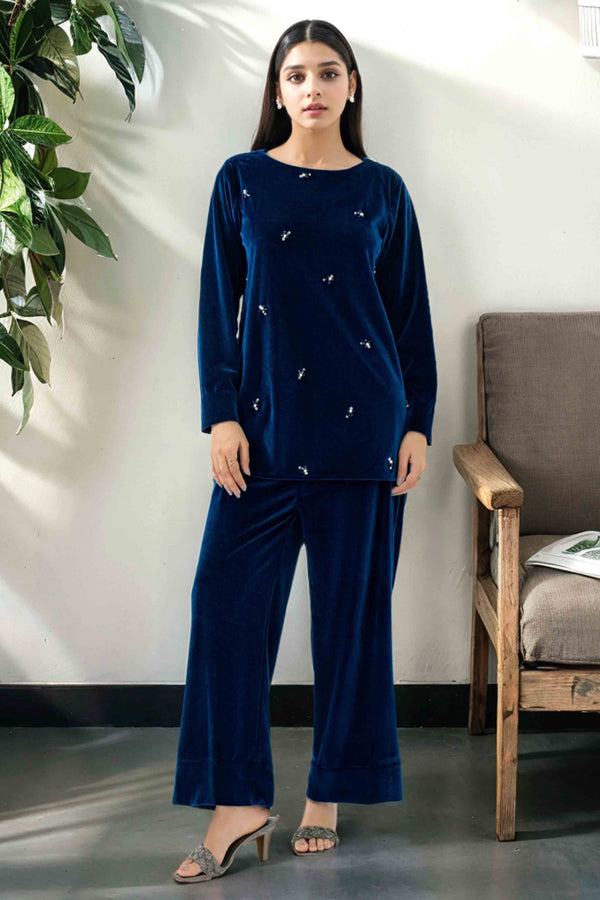Navy Blue Velvet Co-Ord Set with Hand Embellishments