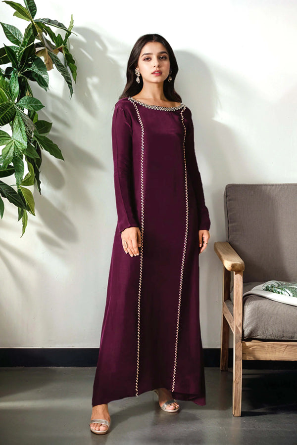 Long Burgundy Silk Dress with Hand-Embellished Crystals