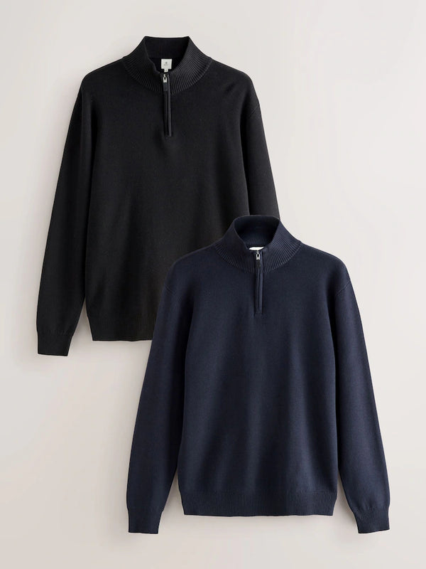 2-Pack Regular Fit Premium Quarter-Zip Jumpers in Black & Navy Blue