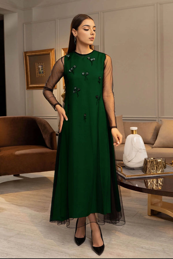 Hand Embellished Green Silk and Net Dress