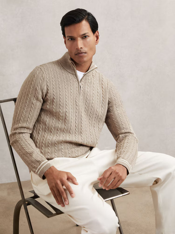 Oatmeal Brown Wool Blend Half-Zip Cable Knit Jumper