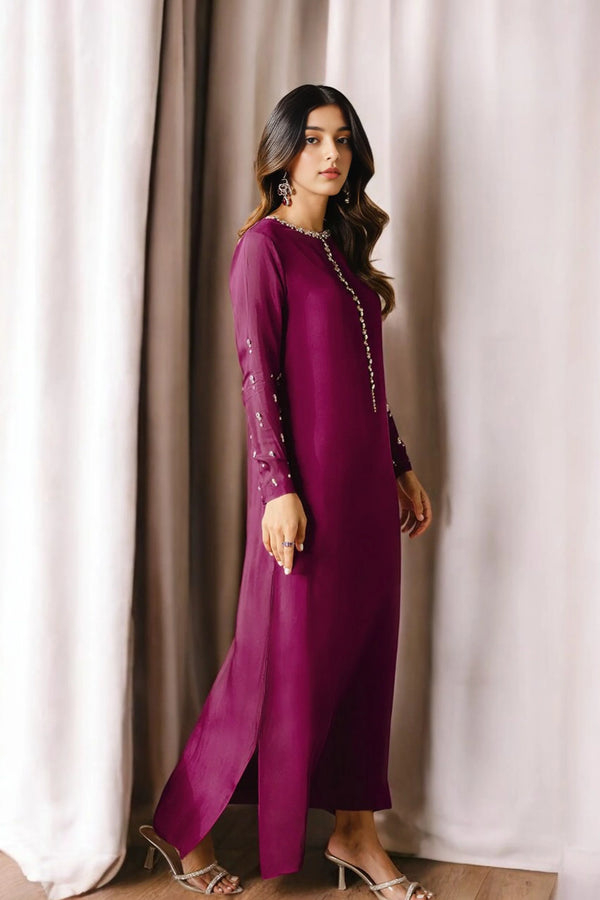 Long Burgundy Dress Featuring Delicate Crystal Hand Embroidery
