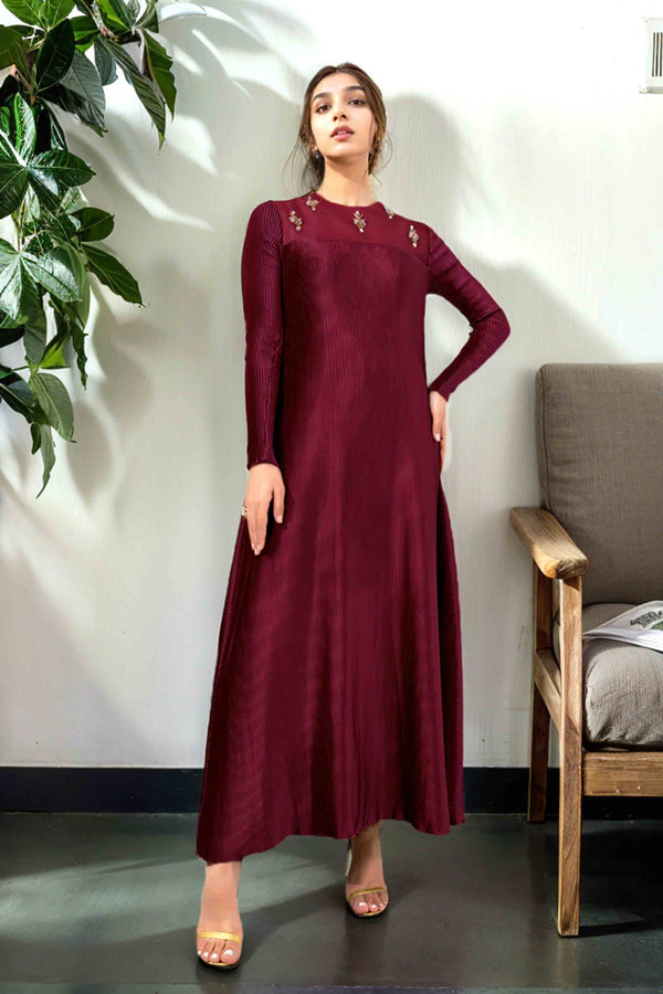 Hand Embellished Maroon Maxi with Elegant Pleats