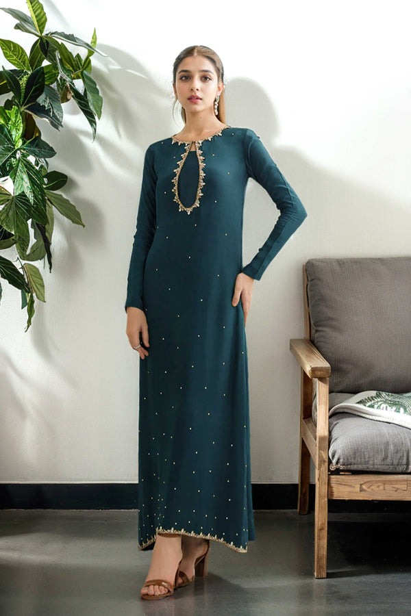 Hand Embellished Teal Green Long Gown