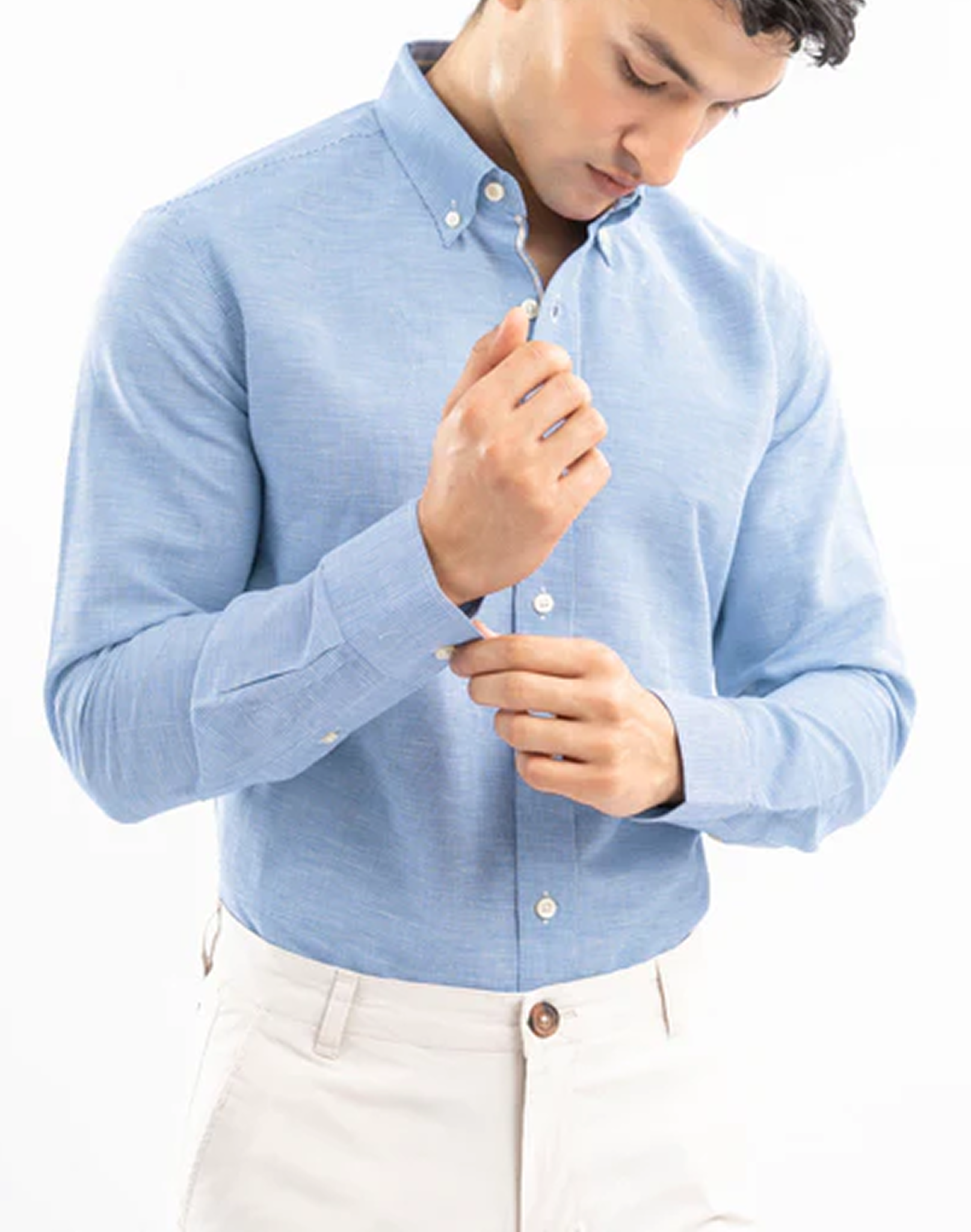 Sky Blue Houndstooth Patterned Linen Shirt