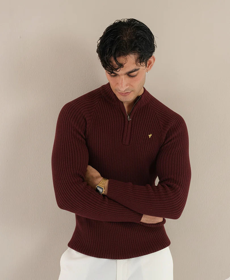 Maroon Half-Zip Mock Neck Sweater