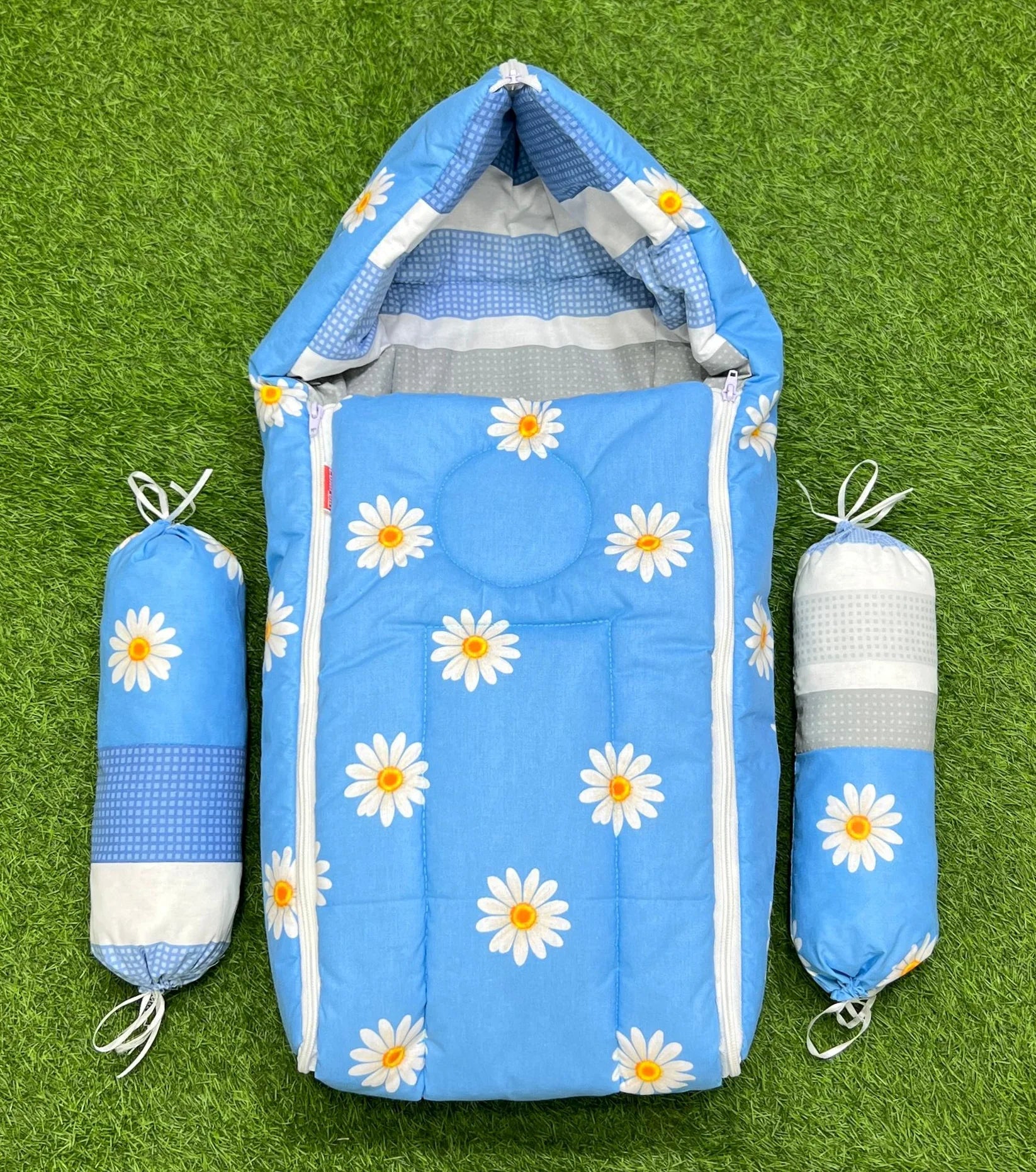 3-Piece 2-in-1 Blue Flowers Hooded Baby Travel Carry Nest Bundle