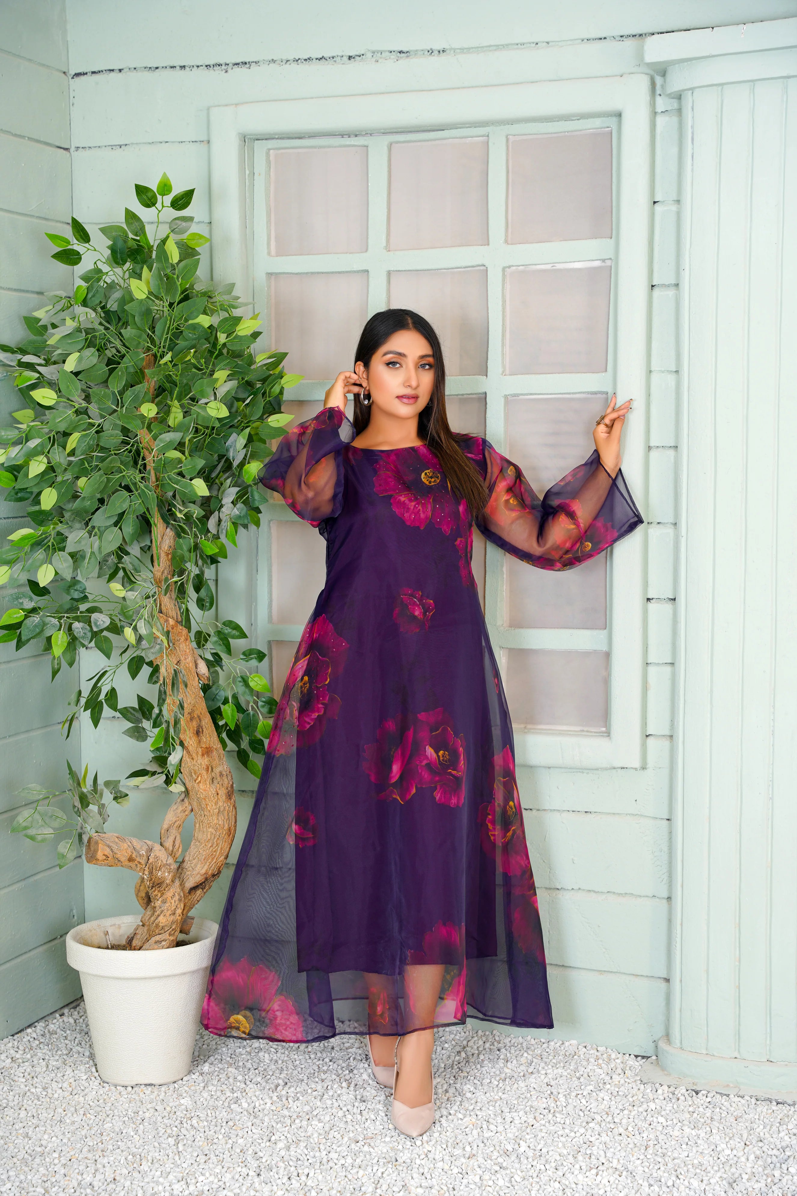 Burgundy Floral Long Maxi with Hand Embroidery