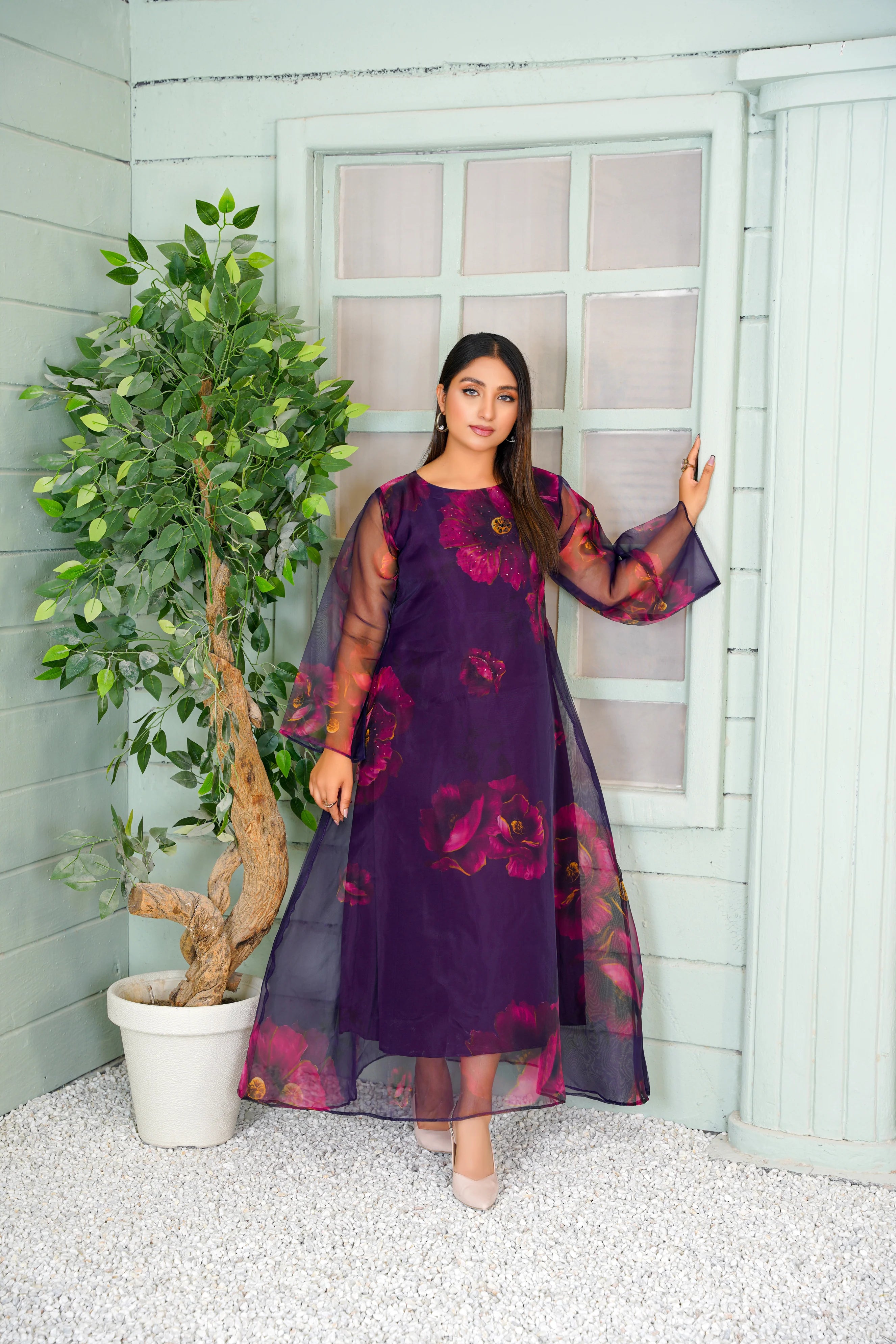 Burgundy Floral Long Maxi with Hand Embroidery