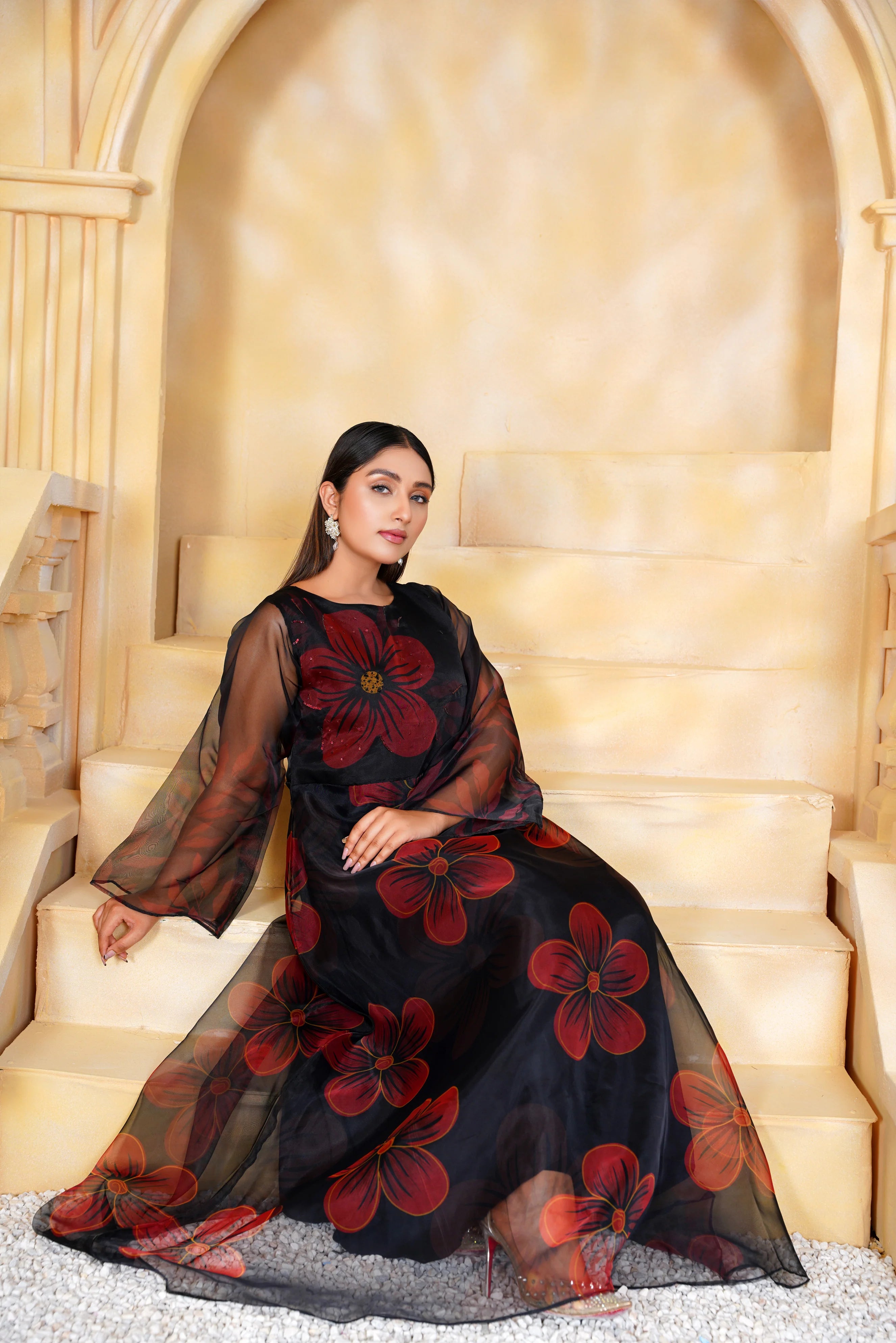 Black Long Maxi with Floral Hand Embellishments