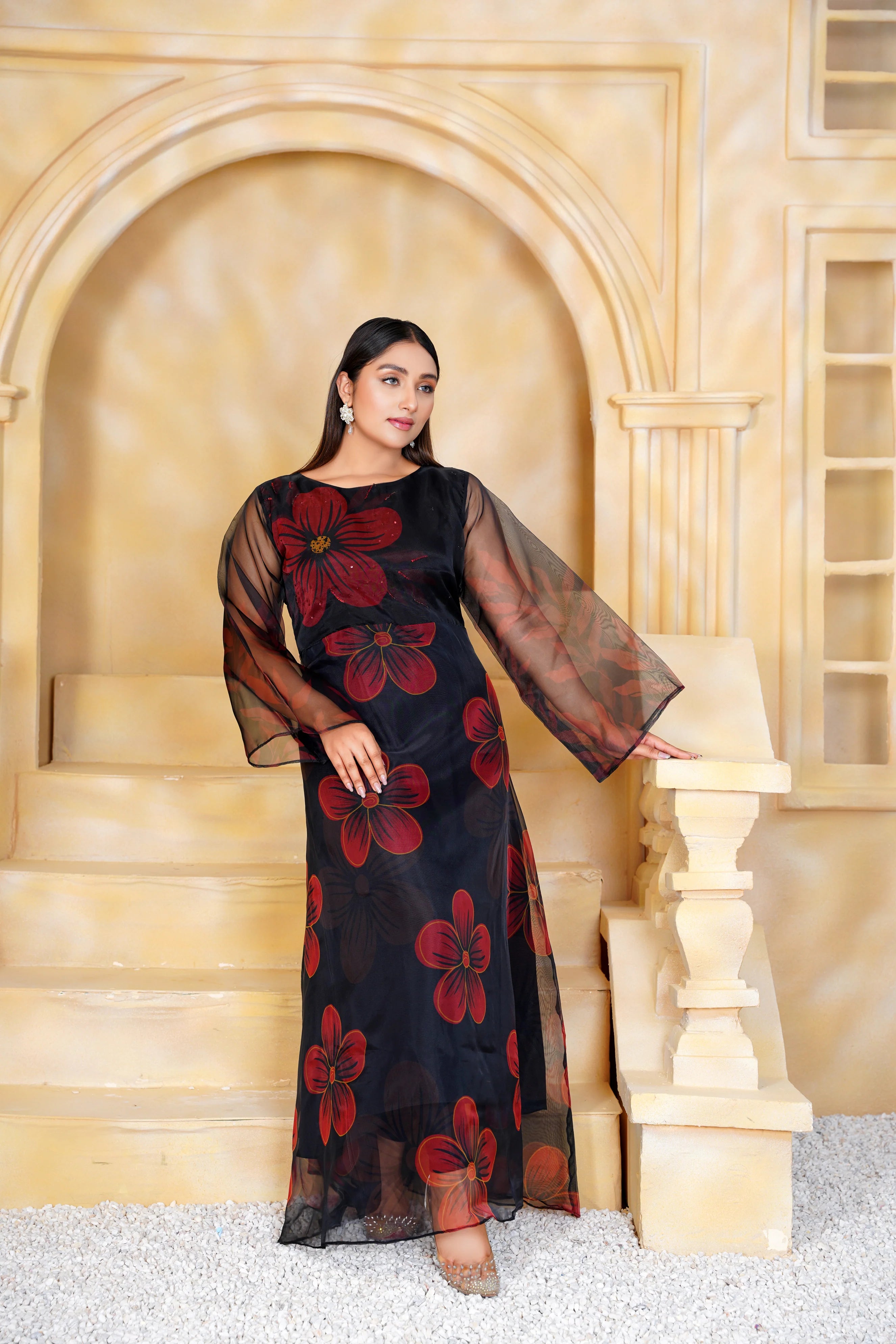 Black Long Maxi with Floral Hand Embellishments