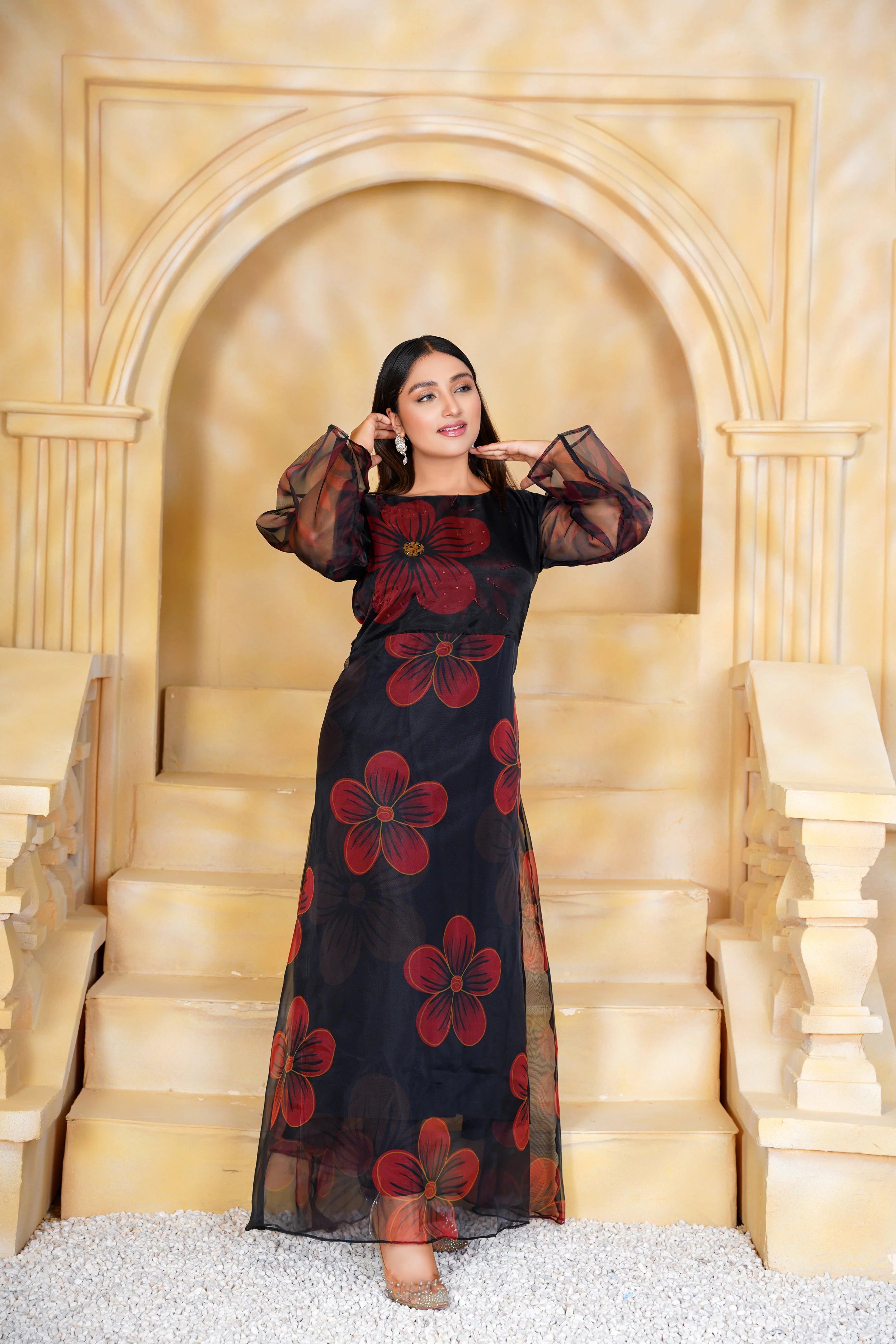 Black Long Maxi with Floral Hand Embellishments