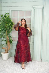 Elegant Maroon Floral Embroidered Long Maxi