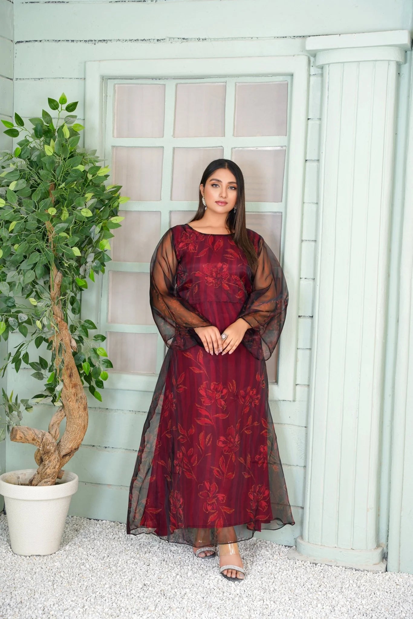 Elegant Maroon Floral Embroidered Long Maxi