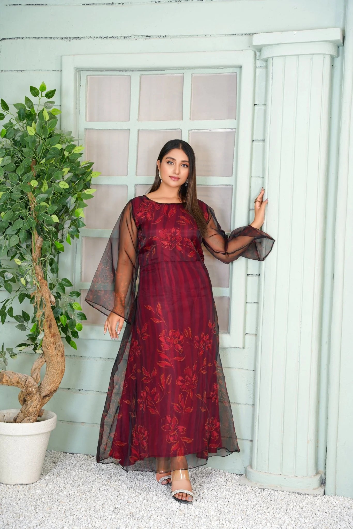 Elegant Maroon Floral Embroidered Long Maxi
