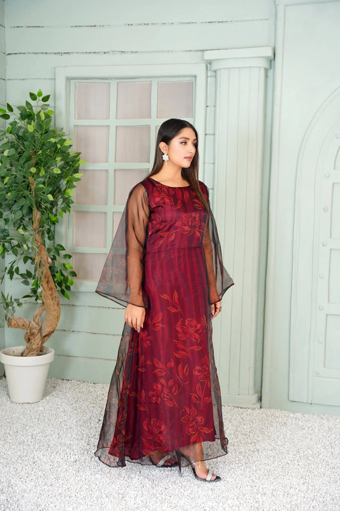 Elegant Maroon Floral Embroidered Long Maxi