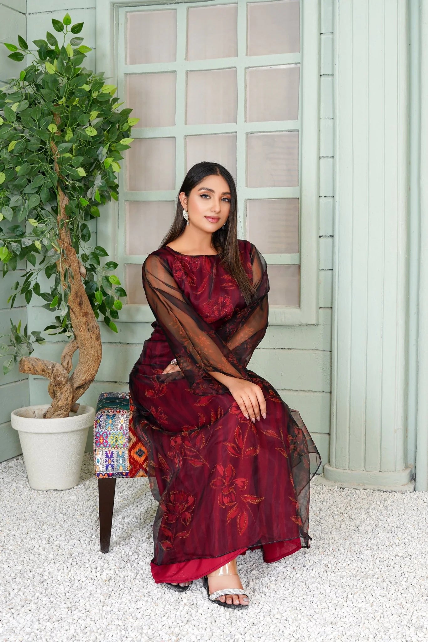 Elegant Maroon Floral Embroidered Long Maxi
