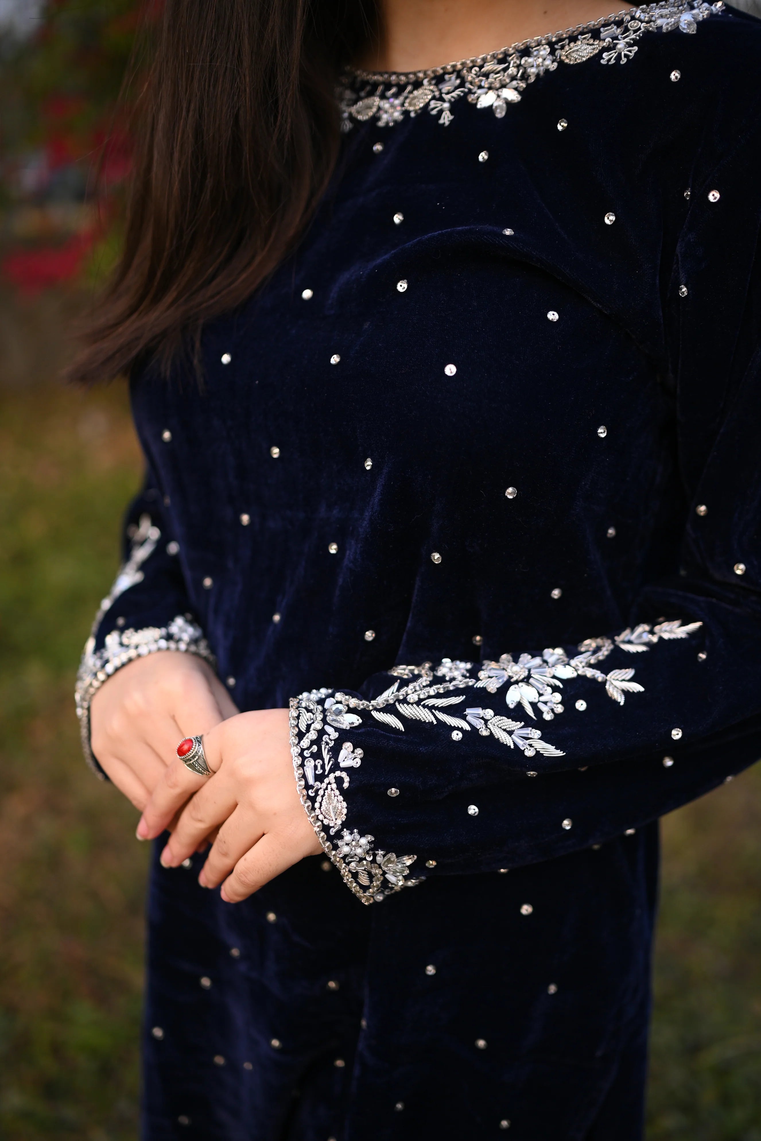 Blue Velvet Short Dress with Kora Dabka Hand Embellishment – 2 Piece Set