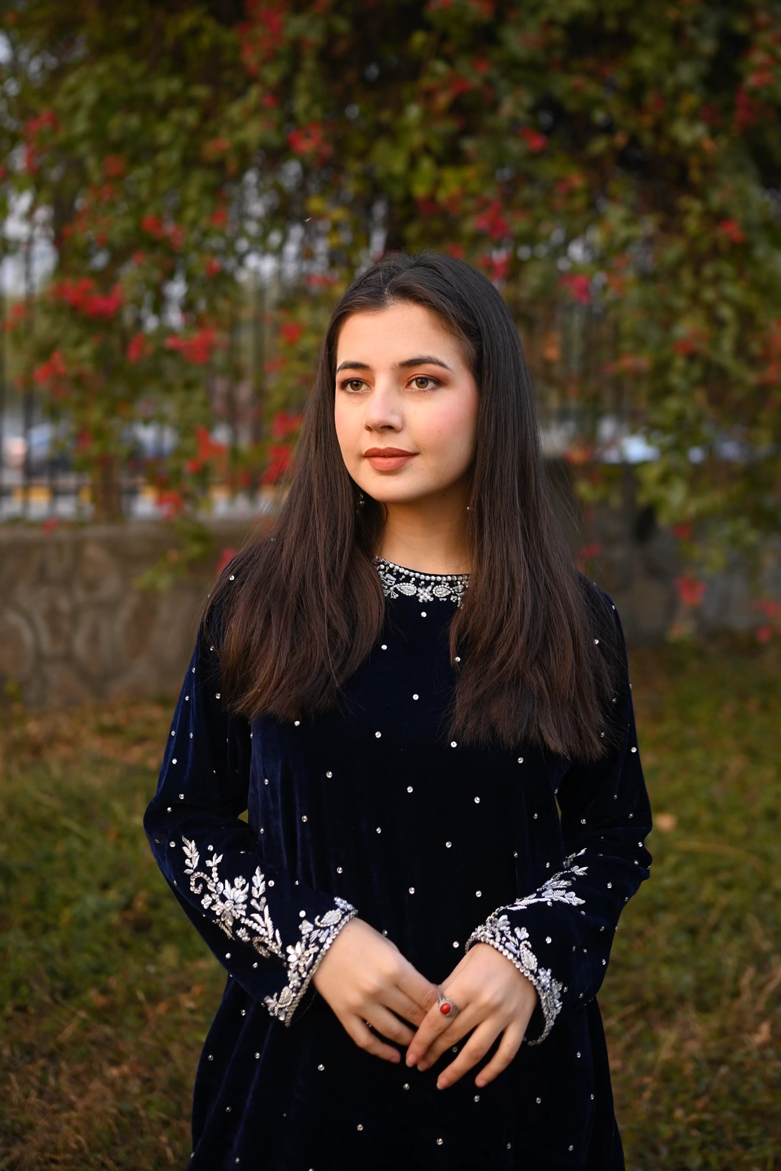 Blue Velvet Short Dress with Kora Dabka Hand Embellishment – 2 Piece Set