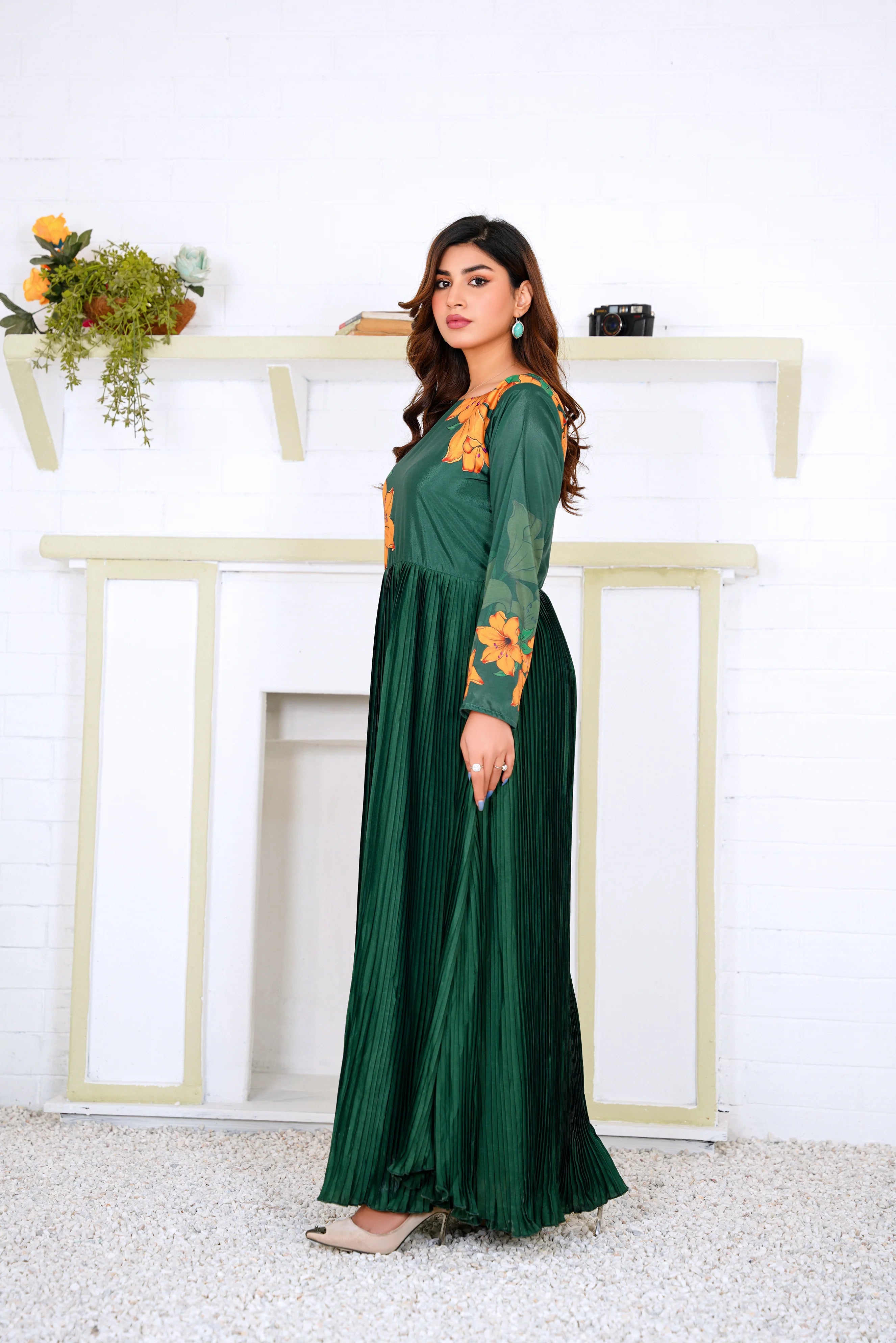 Green Pleated Floral Maxi Dress