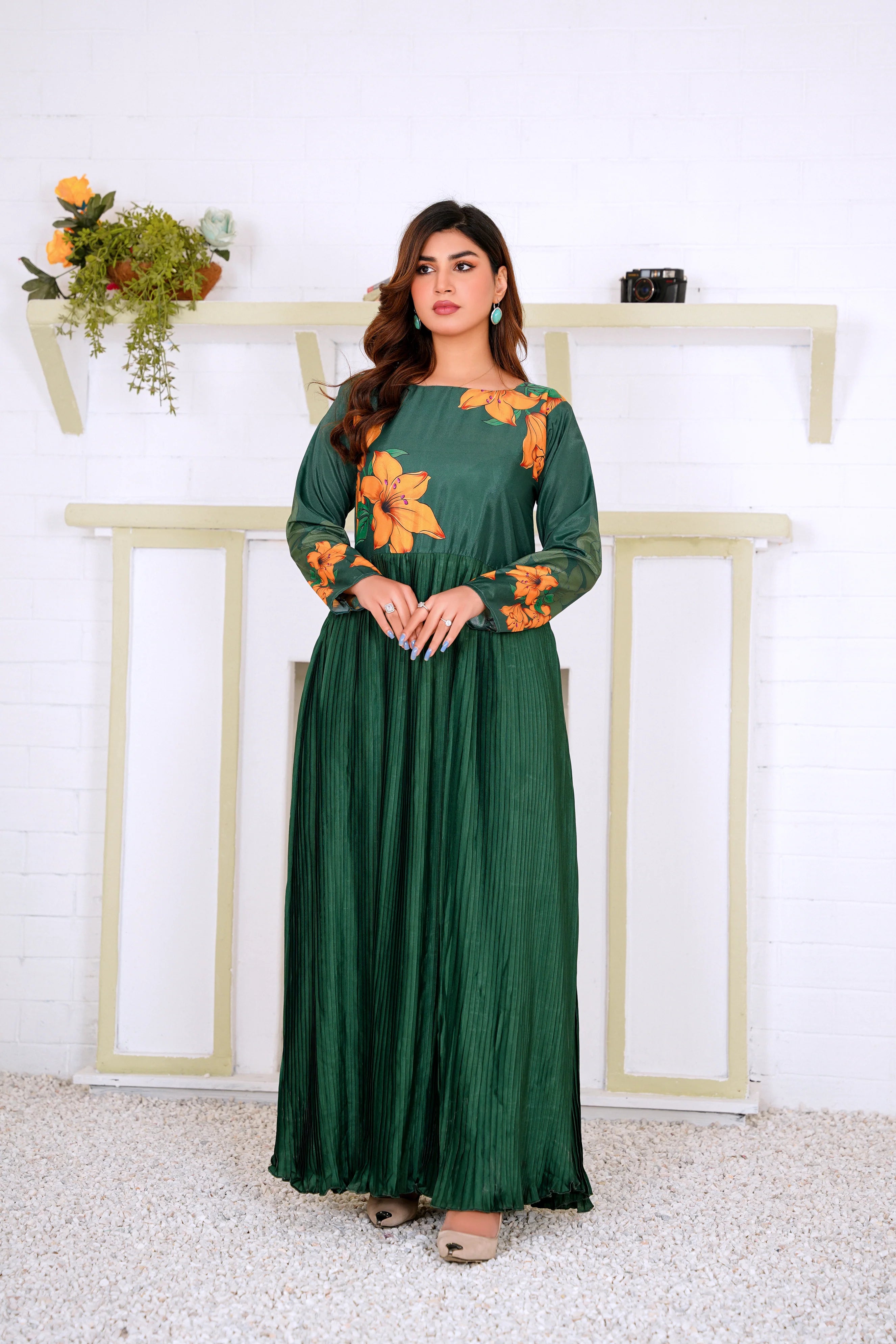 Green Pleated Floral Maxi Dress