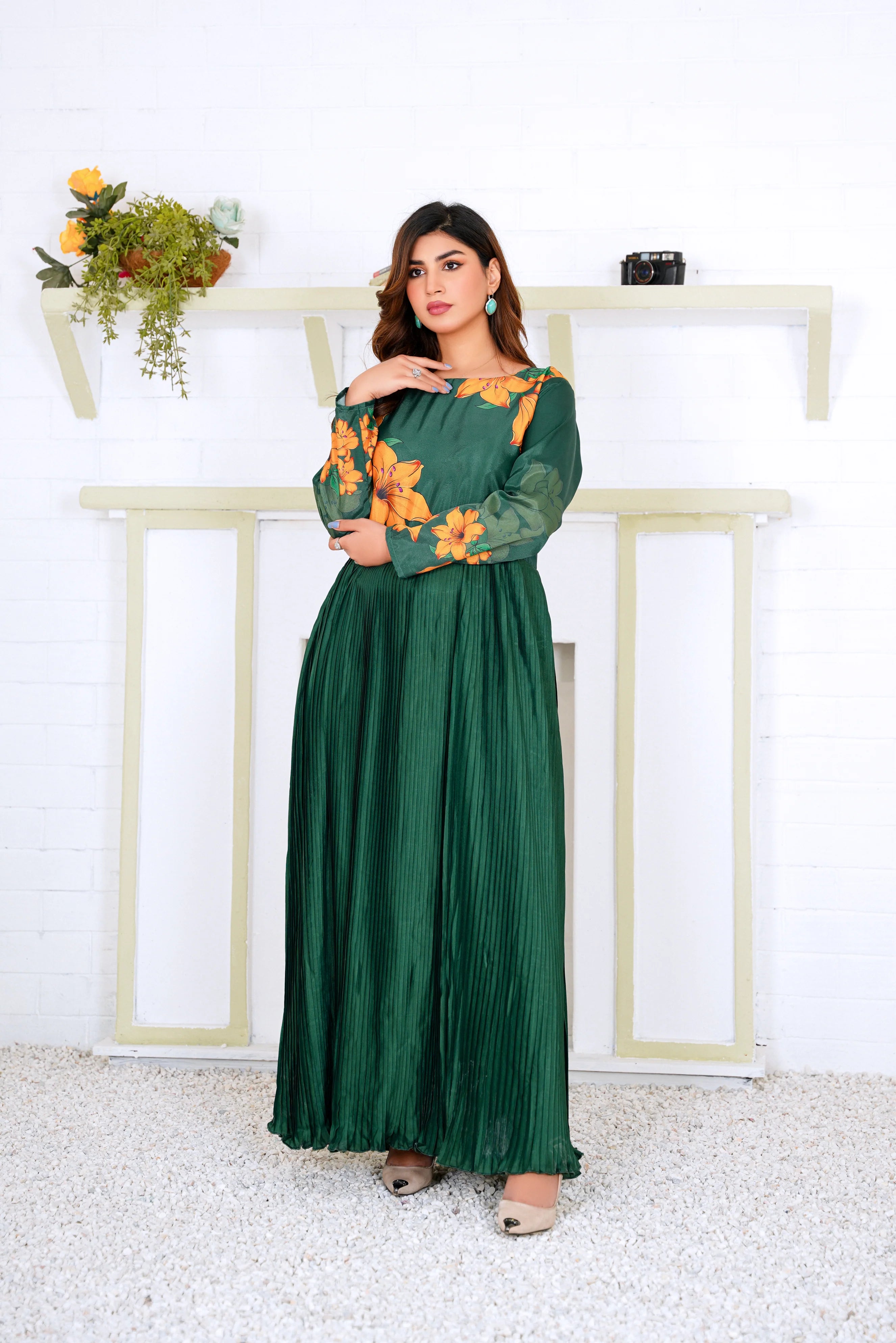 Green Pleated Floral Maxi Dress
