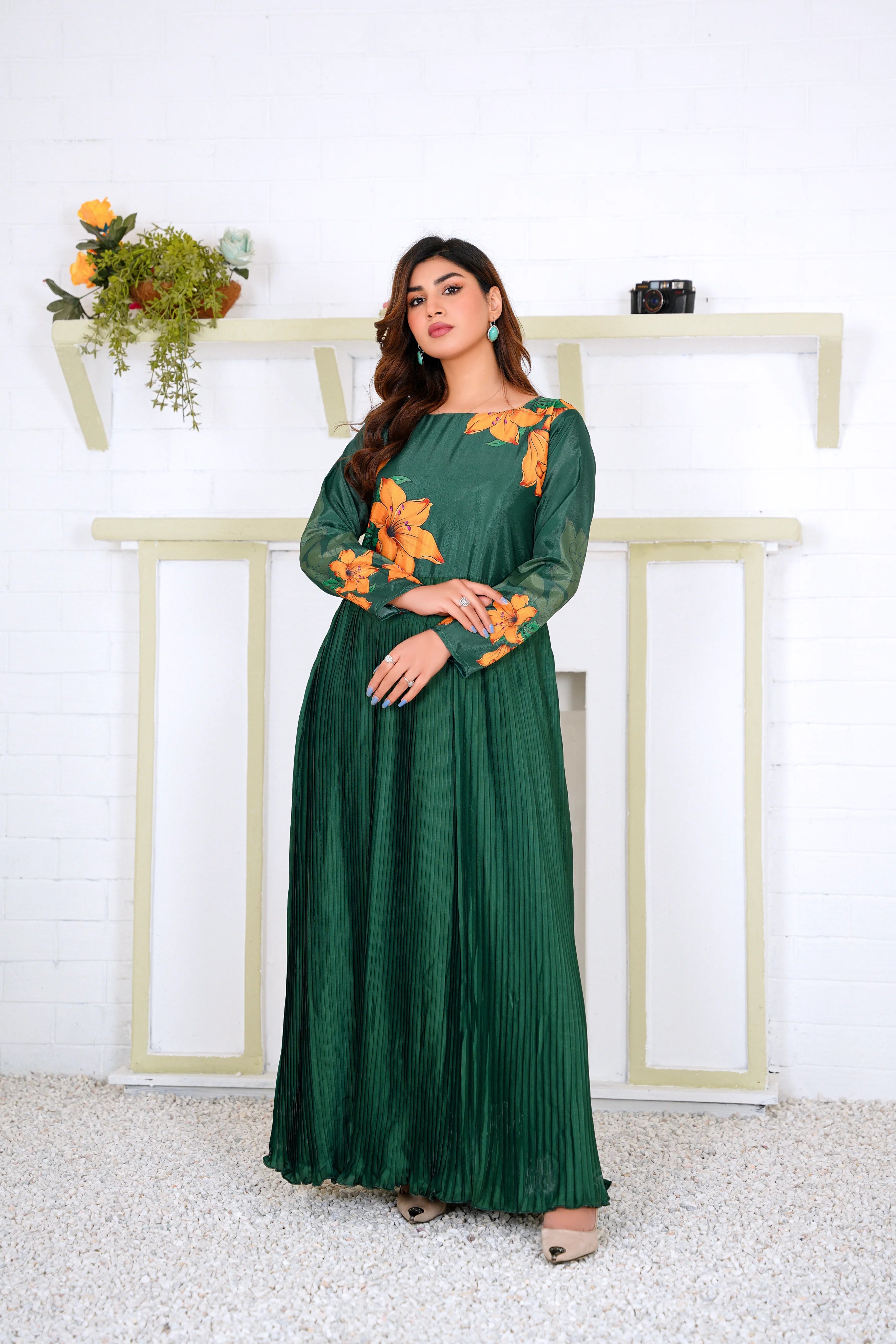 Green Pleated Floral Maxi Dress