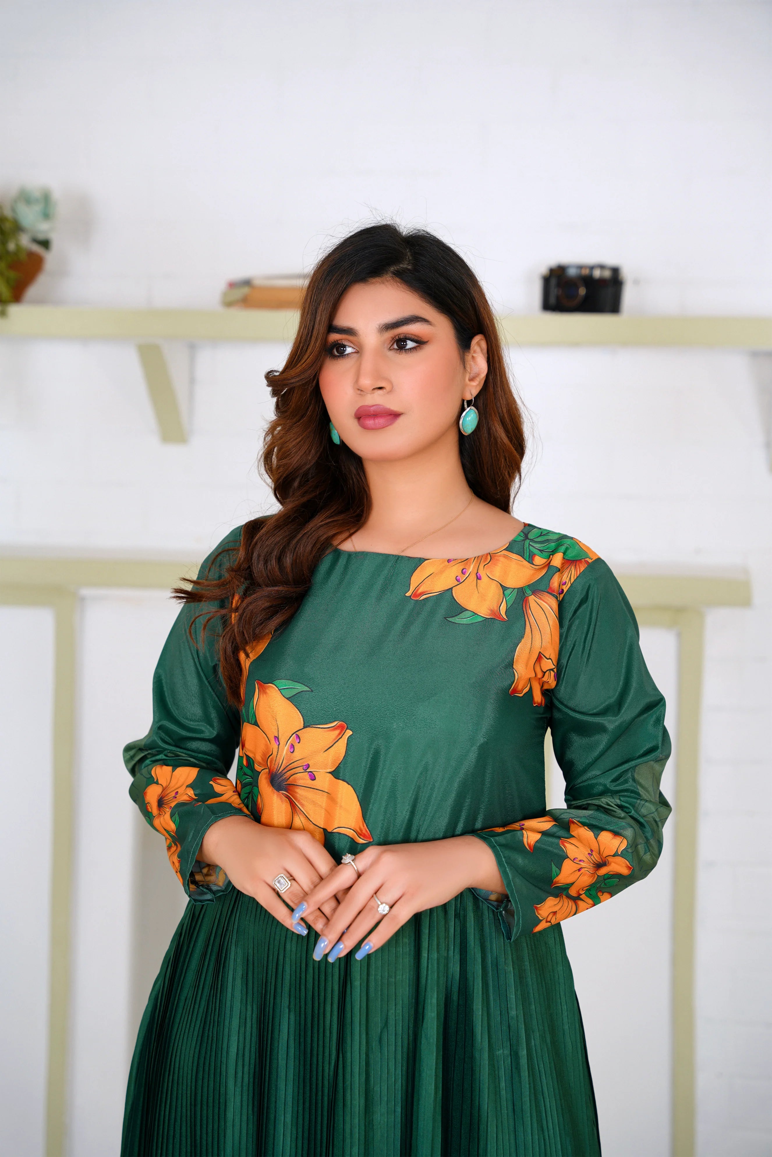 Green Pleated Floral Maxi Dress