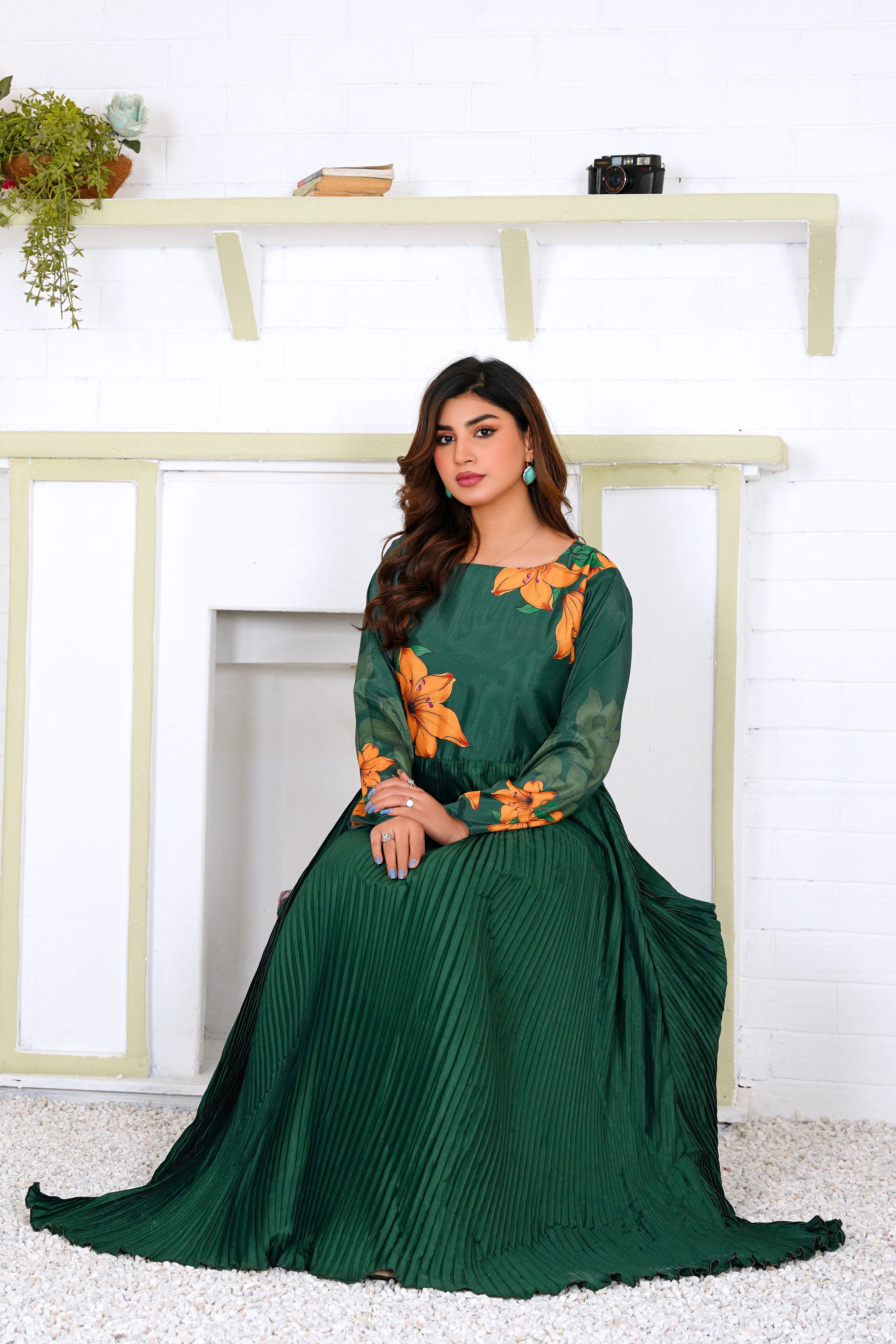 Green Pleated Floral Maxi Dress