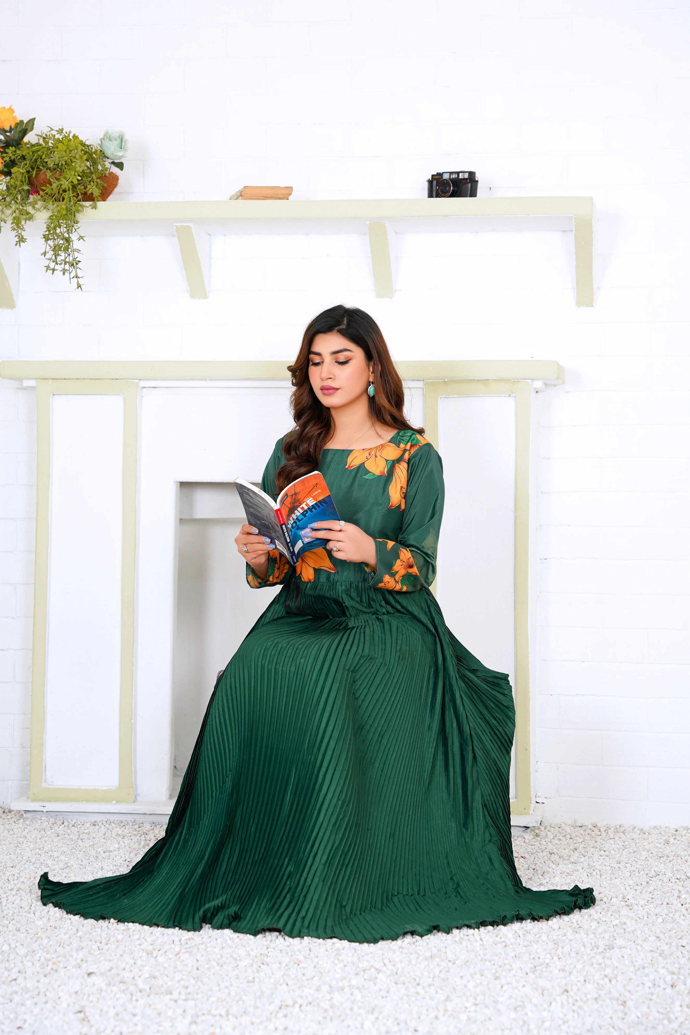 Green Pleated Floral Maxi Dress