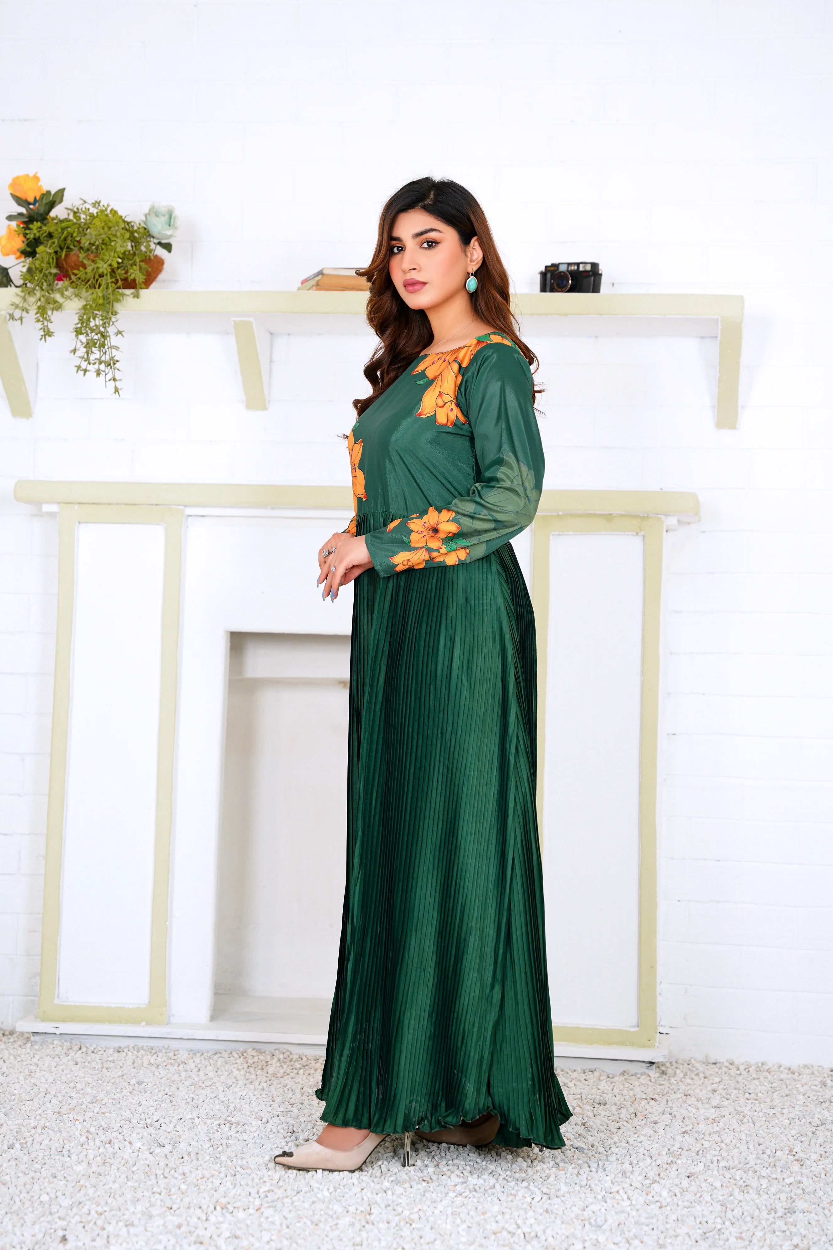 Green Pleated Floral Maxi Dress