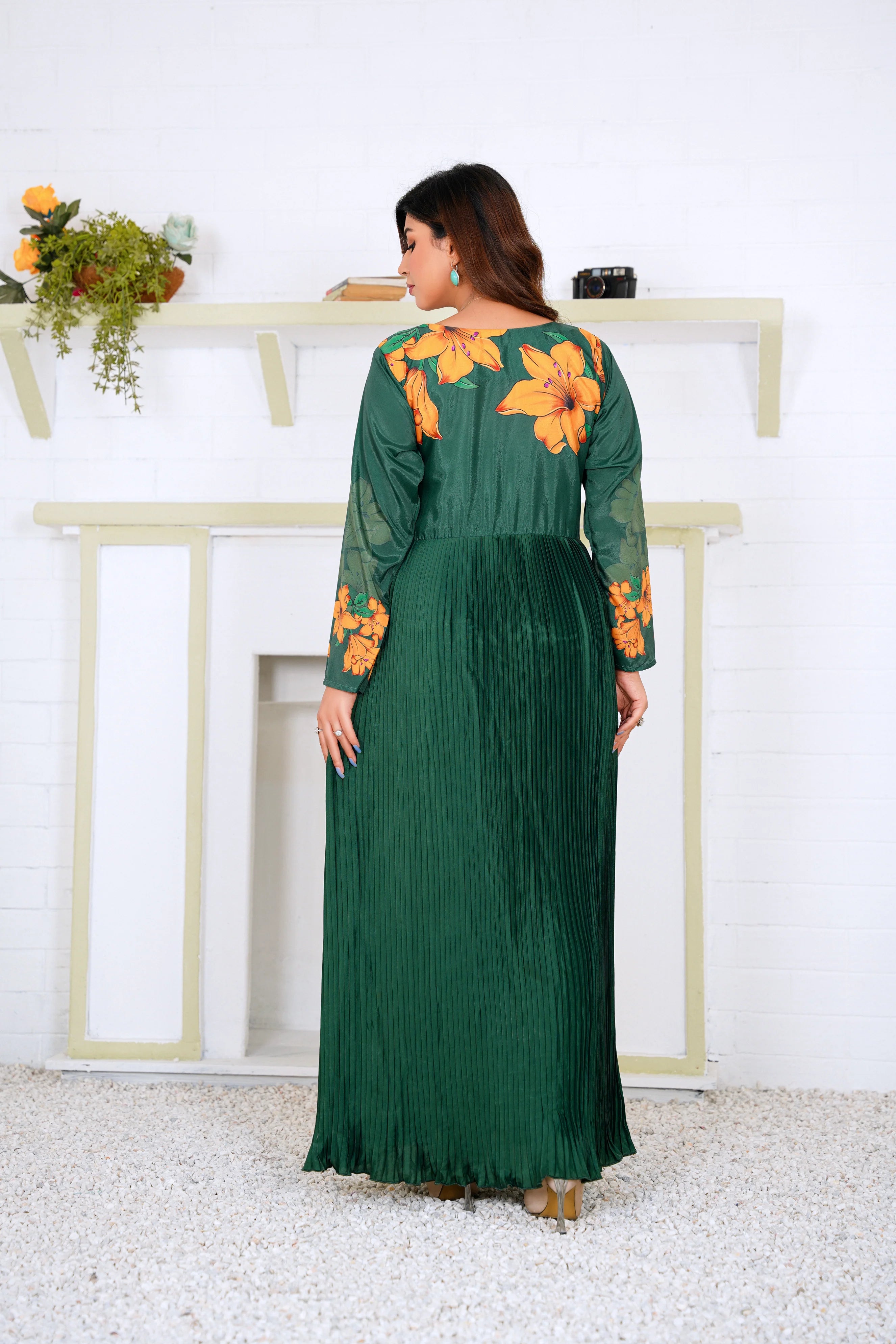 Green Pleated Floral Maxi Dress