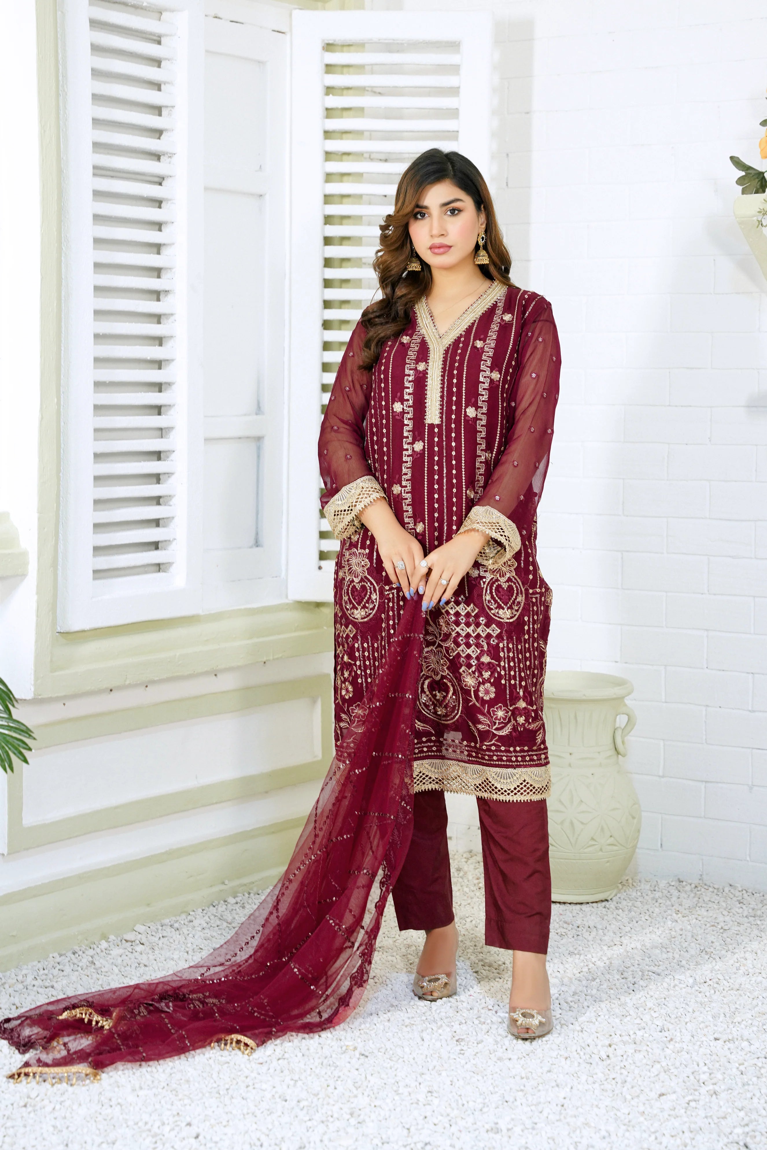 Maroon Pure Chiffon with Embroidery