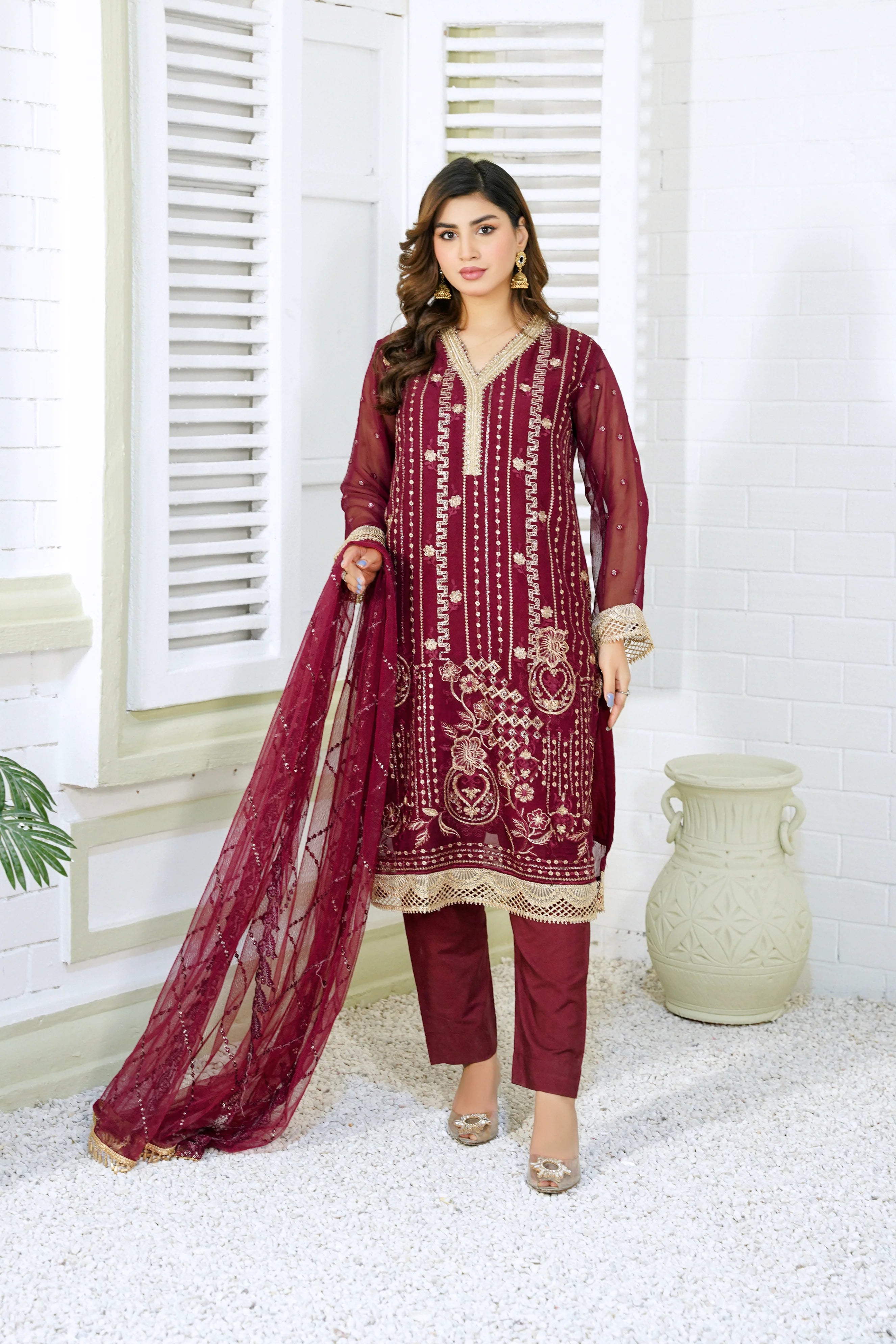 Maroon Pure Chiffon with Embroidery