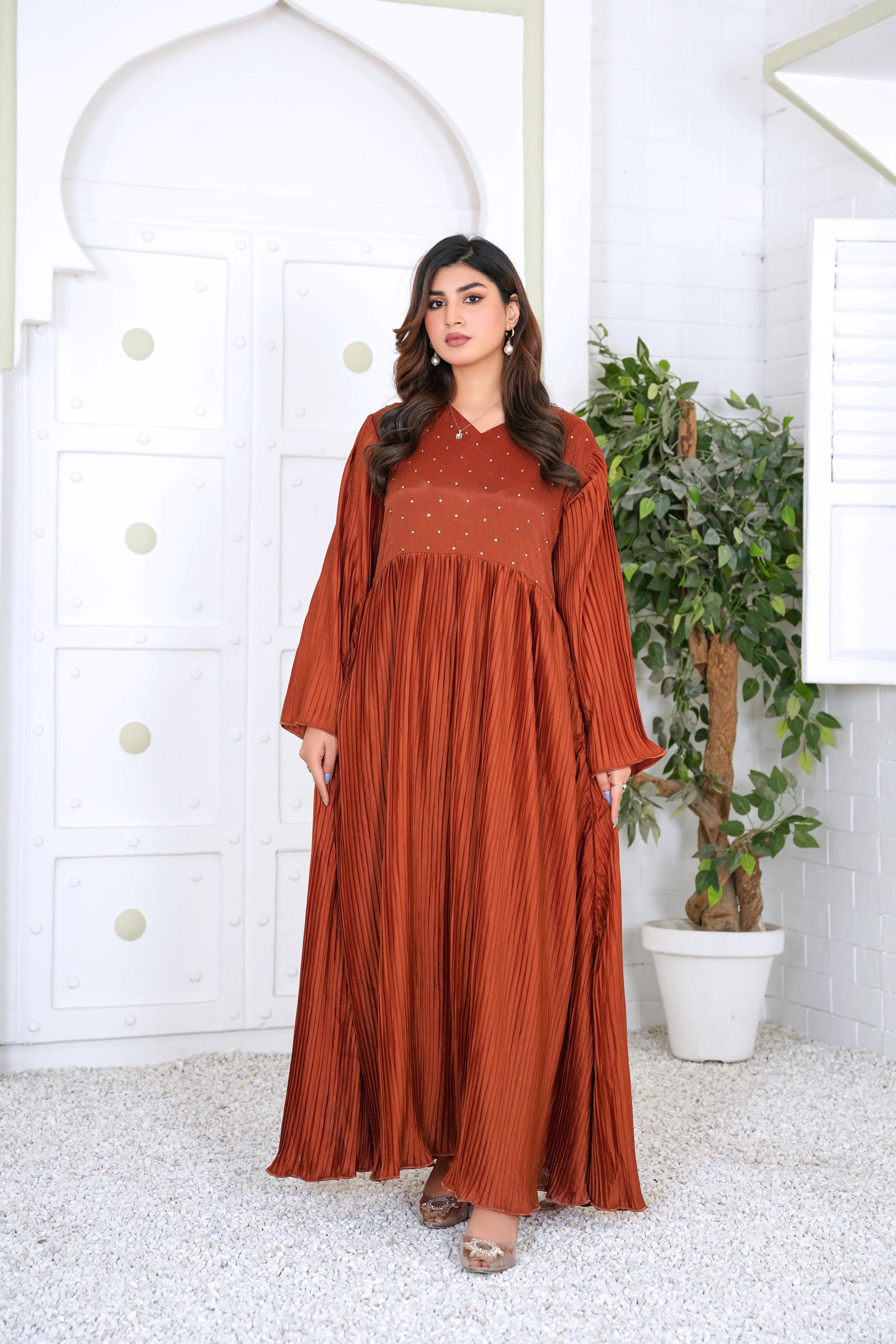Rust Pleated Maxi Dress with Subtle Hand Embellishments