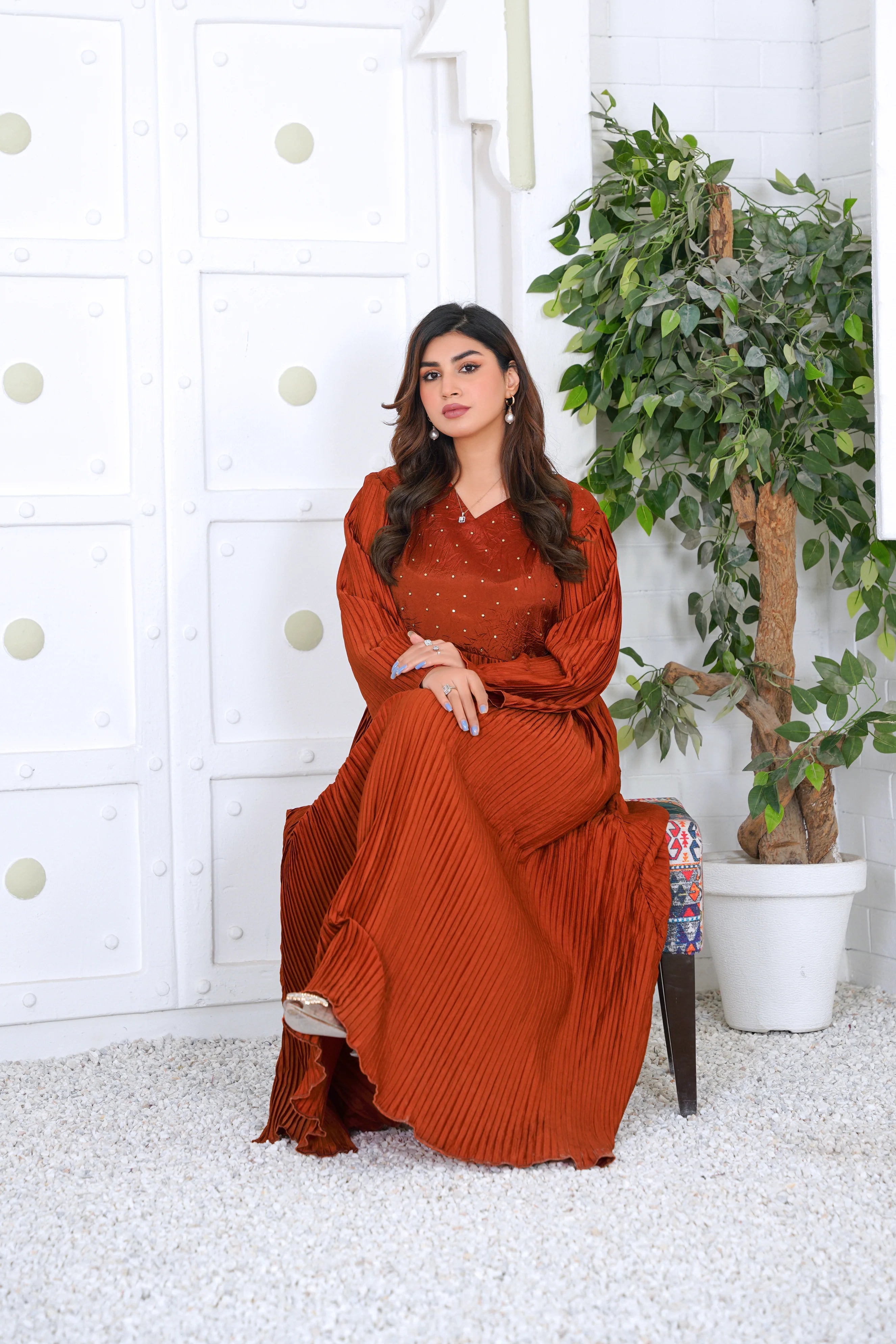 Rust Pleated Maxi Dress with Subtle Hand Embellishments