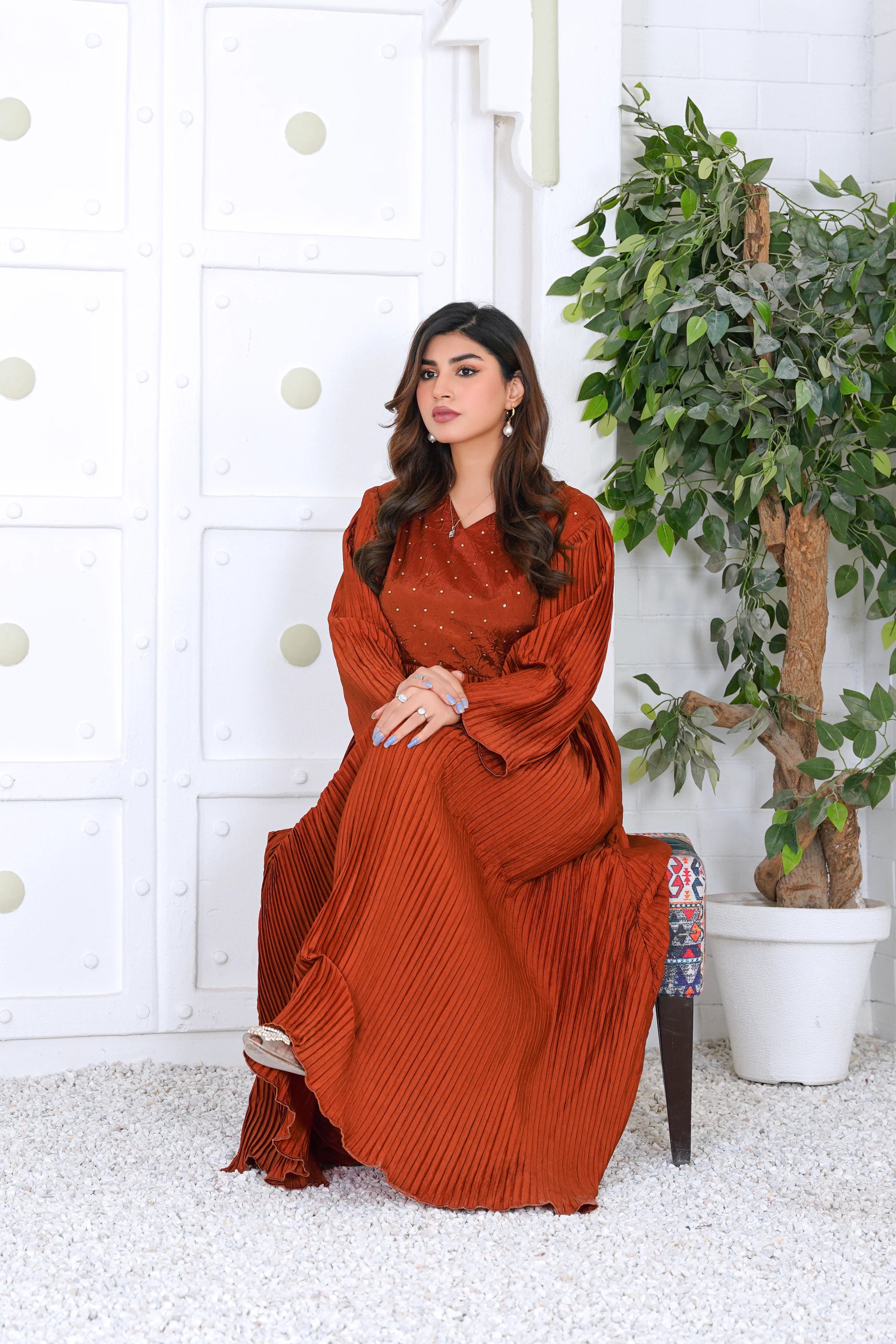 Rust Pleated Maxi Dress with Subtle Hand Embellishments