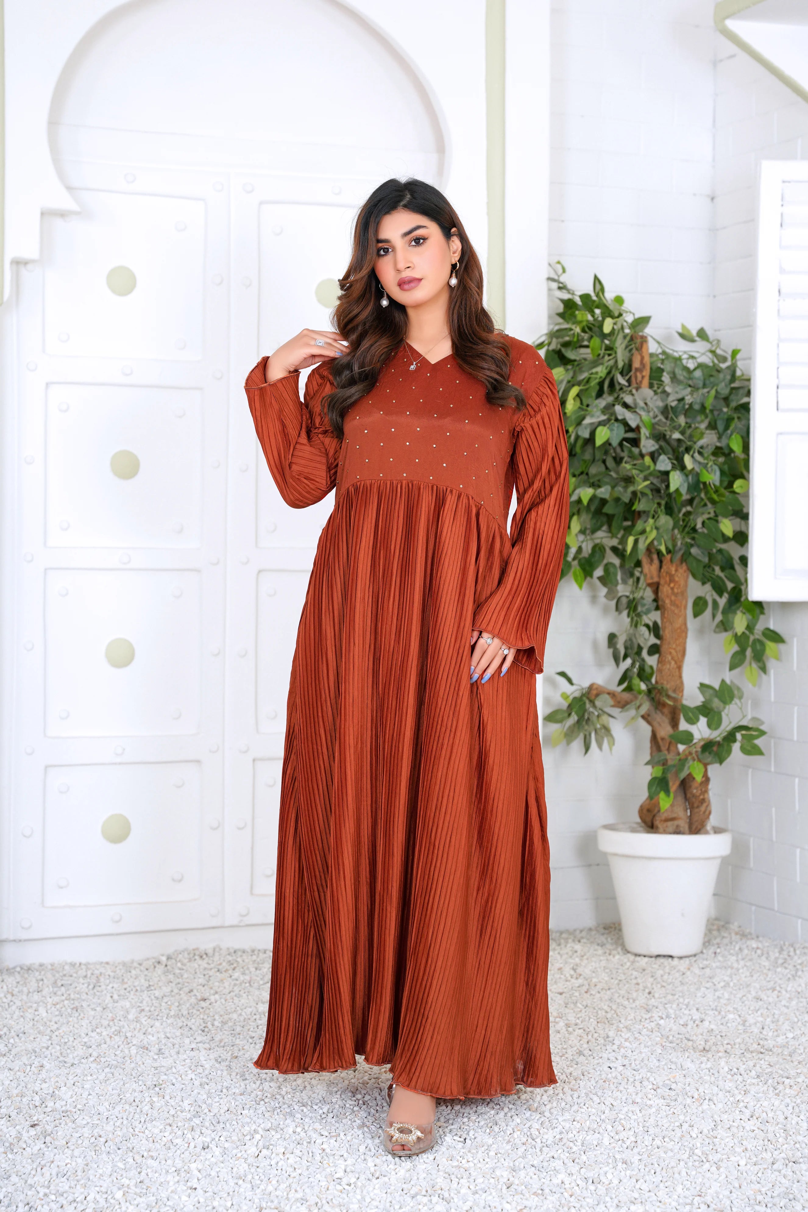 Rust Pleated Maxi Dress with Subtle Hand Embellishments