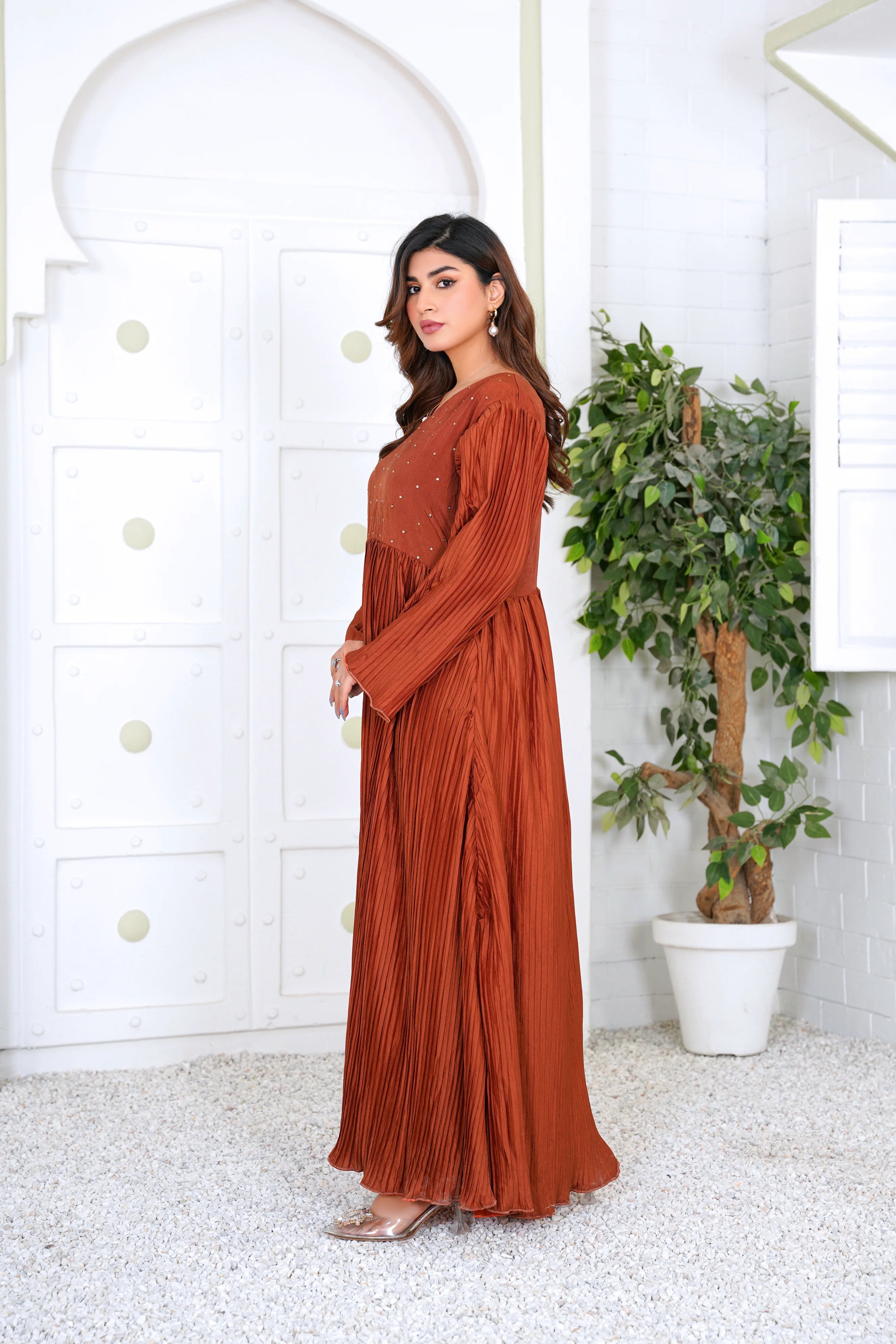 Rust Pleated Maxi Dress with Subtle Hand Embellishments