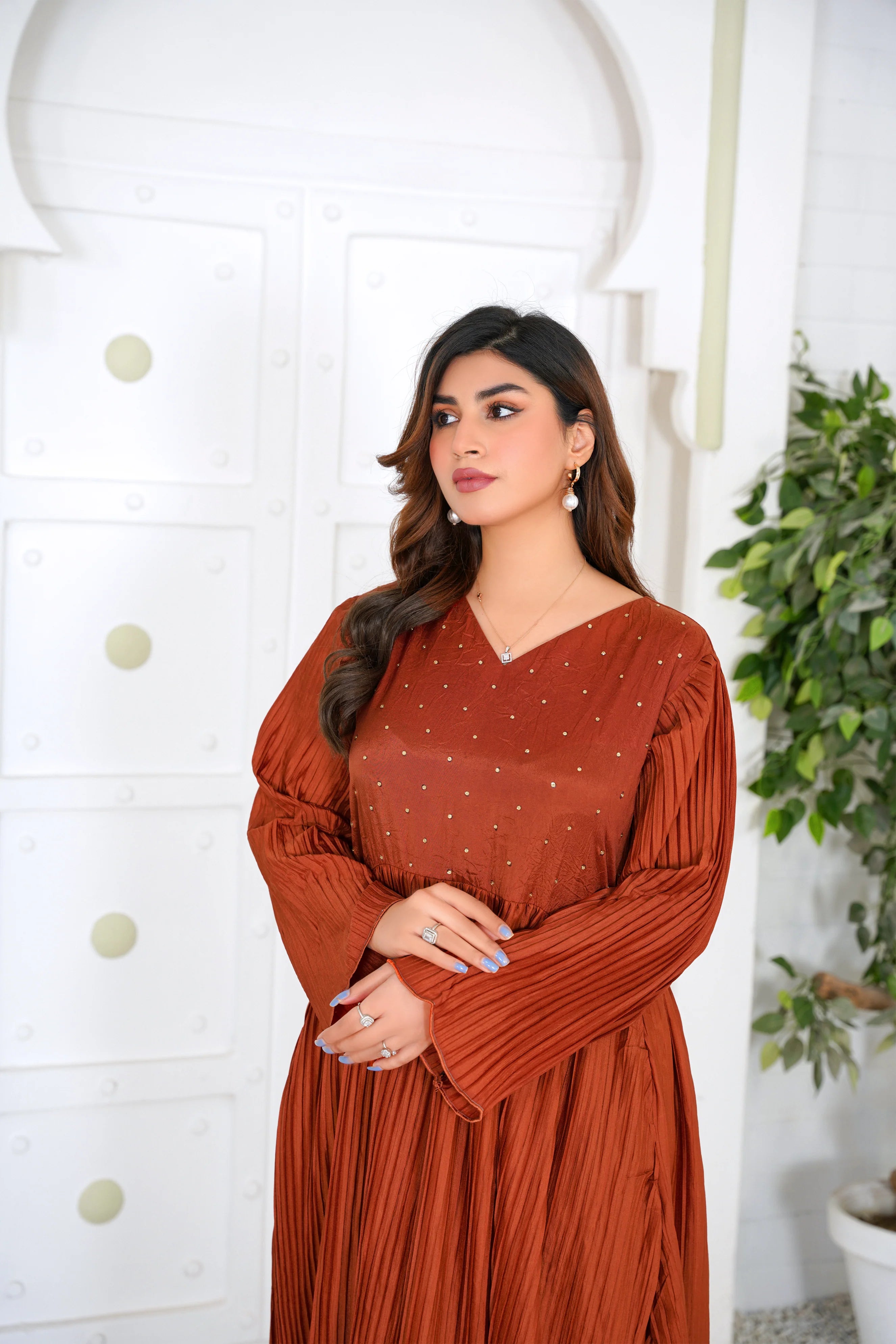 Rust Pleated Maxi Dress with Subtle Hand Embellishments