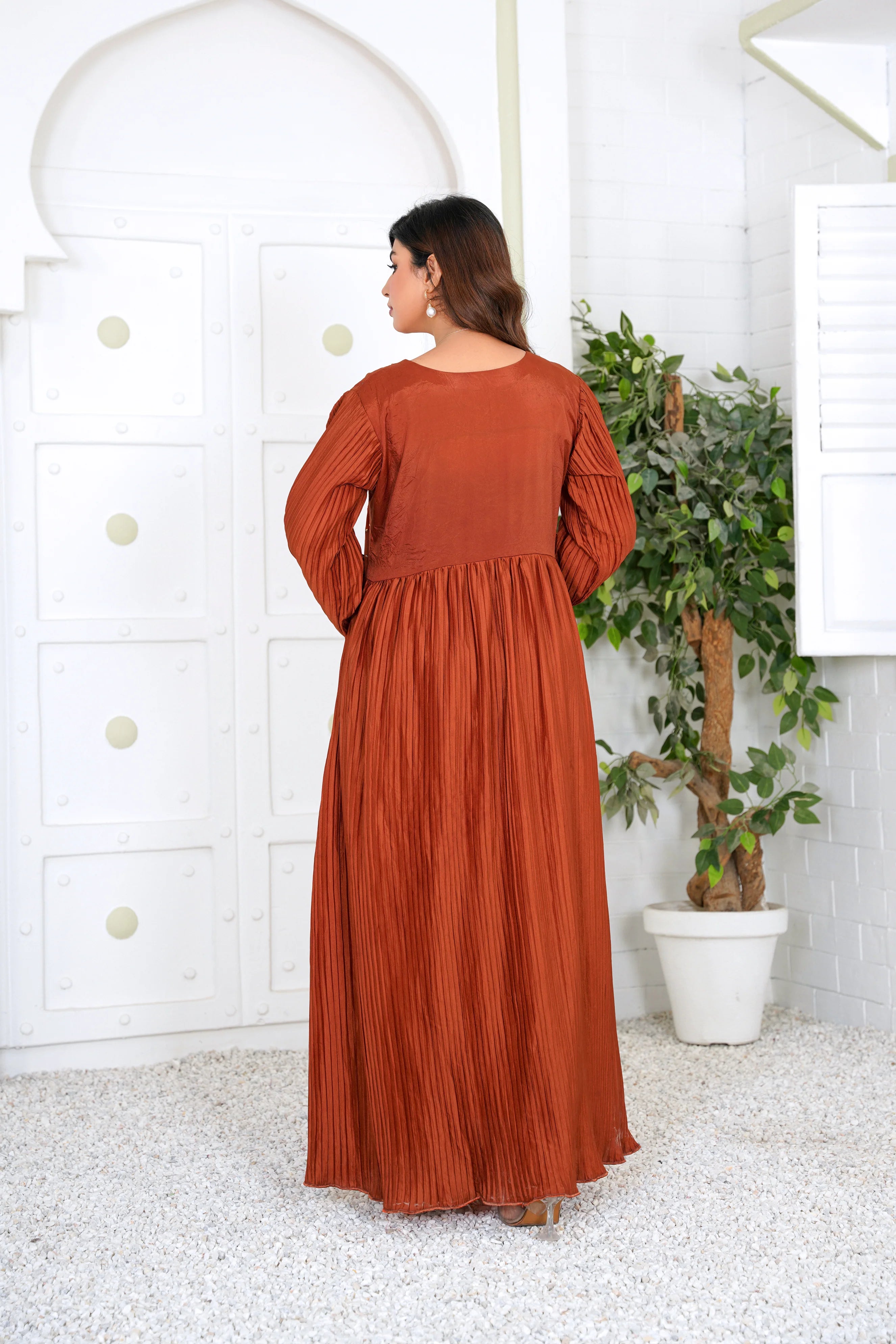 Rust Pleated Maxi Dress with Subtle Hand Embellishments