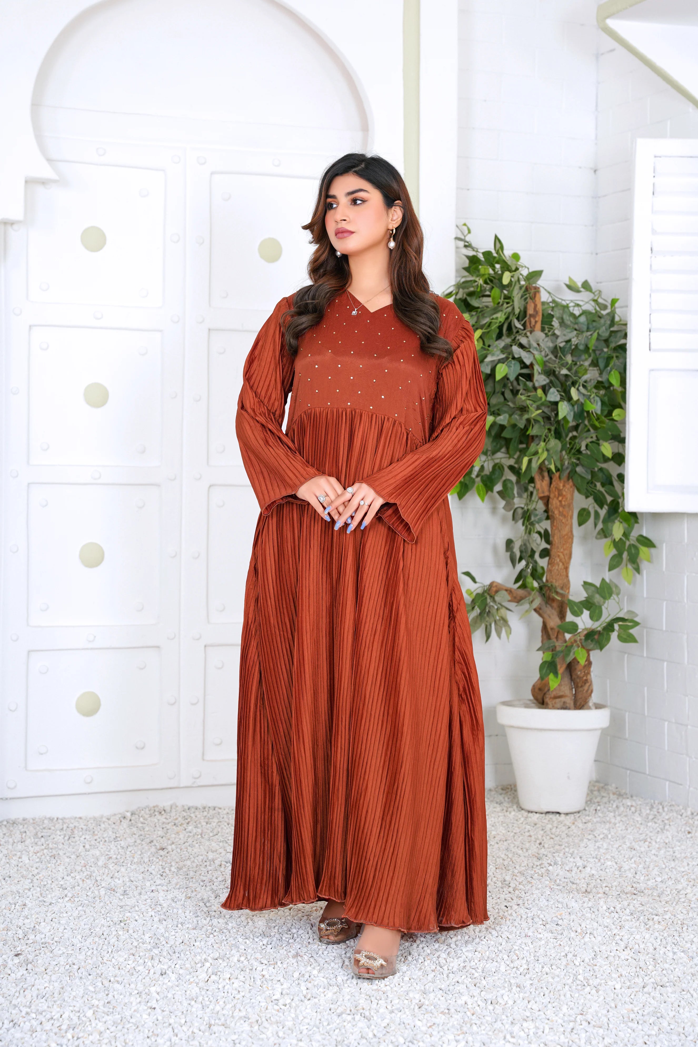 Rust Pleated Maxi Dress with Subtle Hand Embellishments