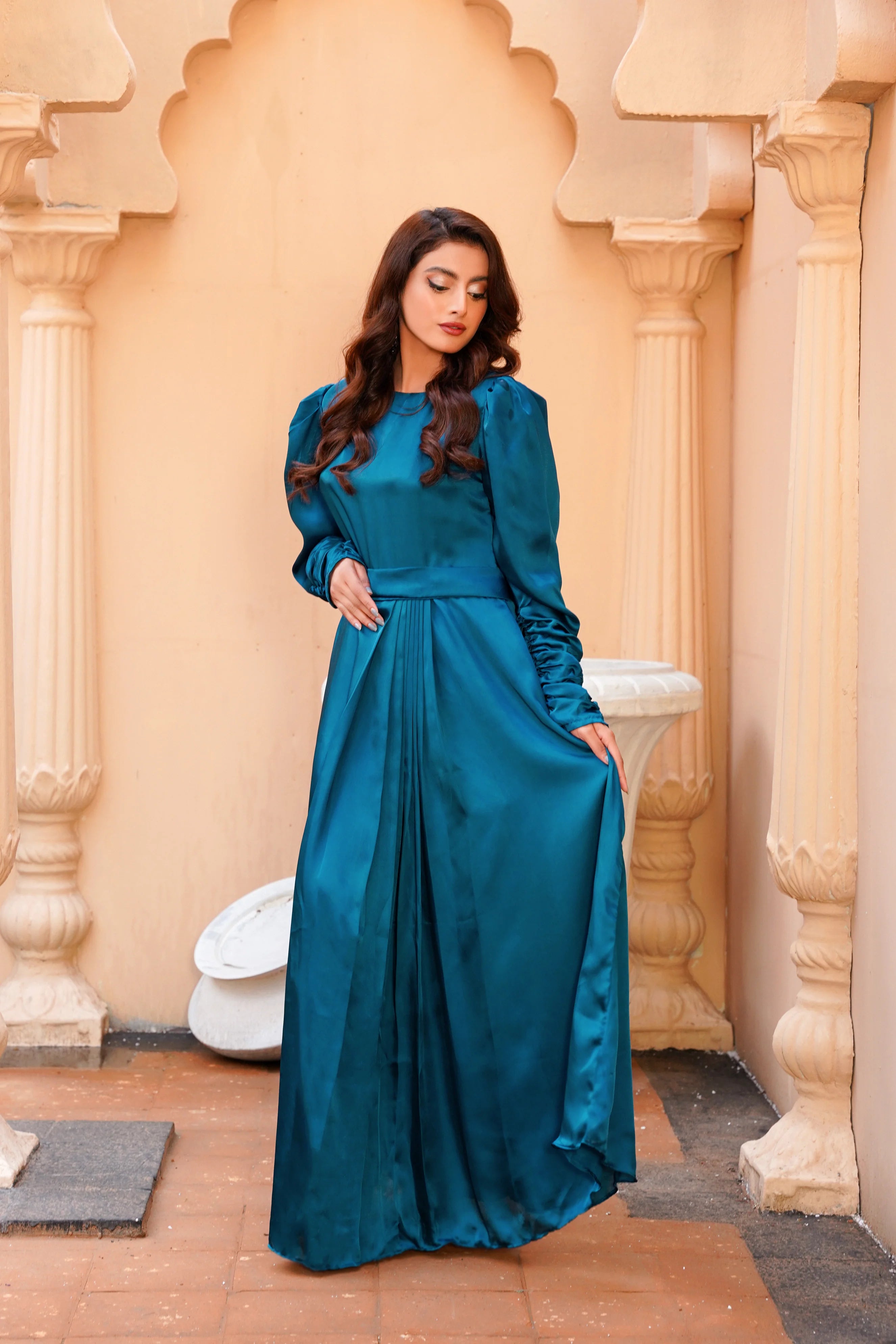 Teal Green Silk Long Maxi Dress