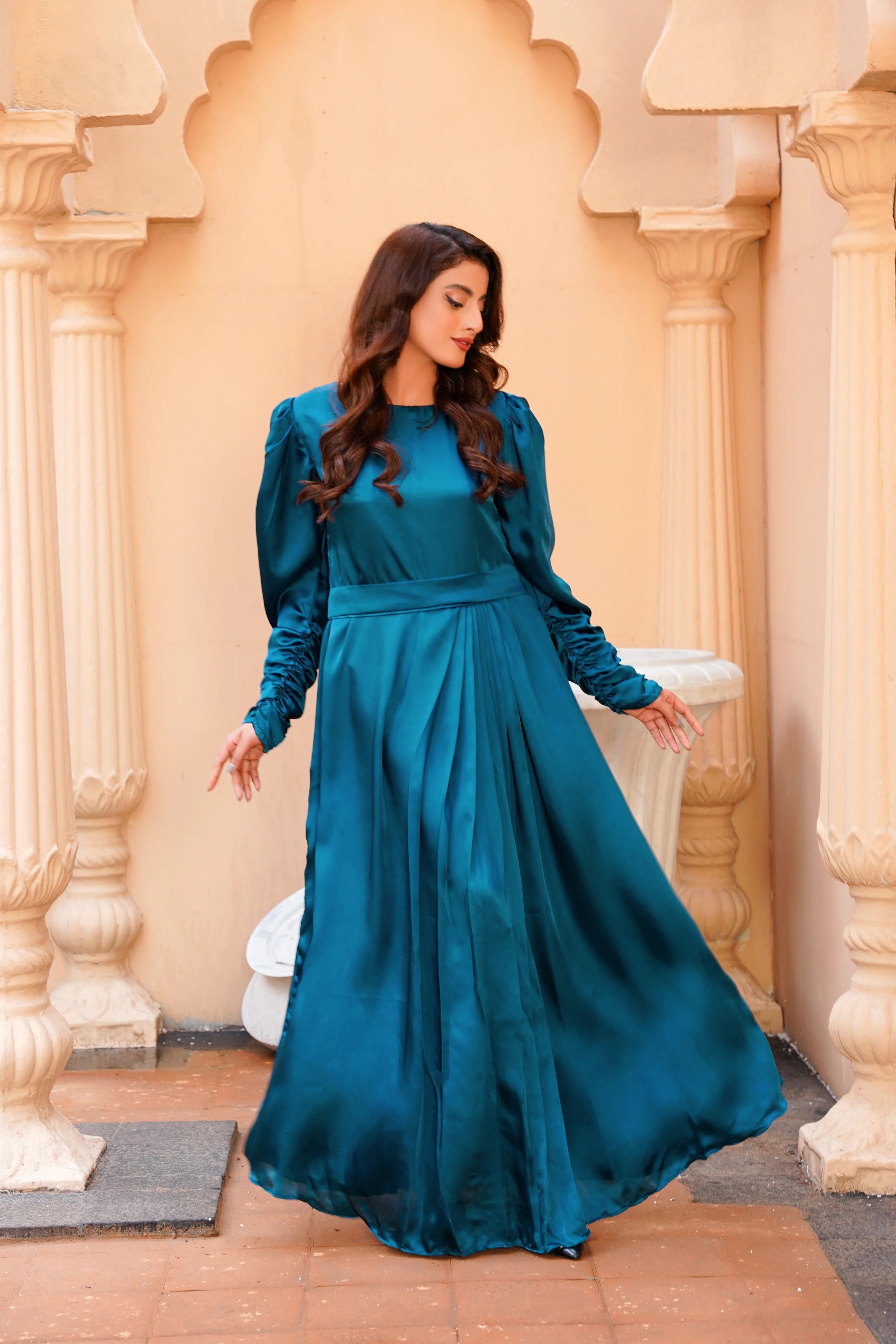 Teal Green Silk Long Maxi Dress
