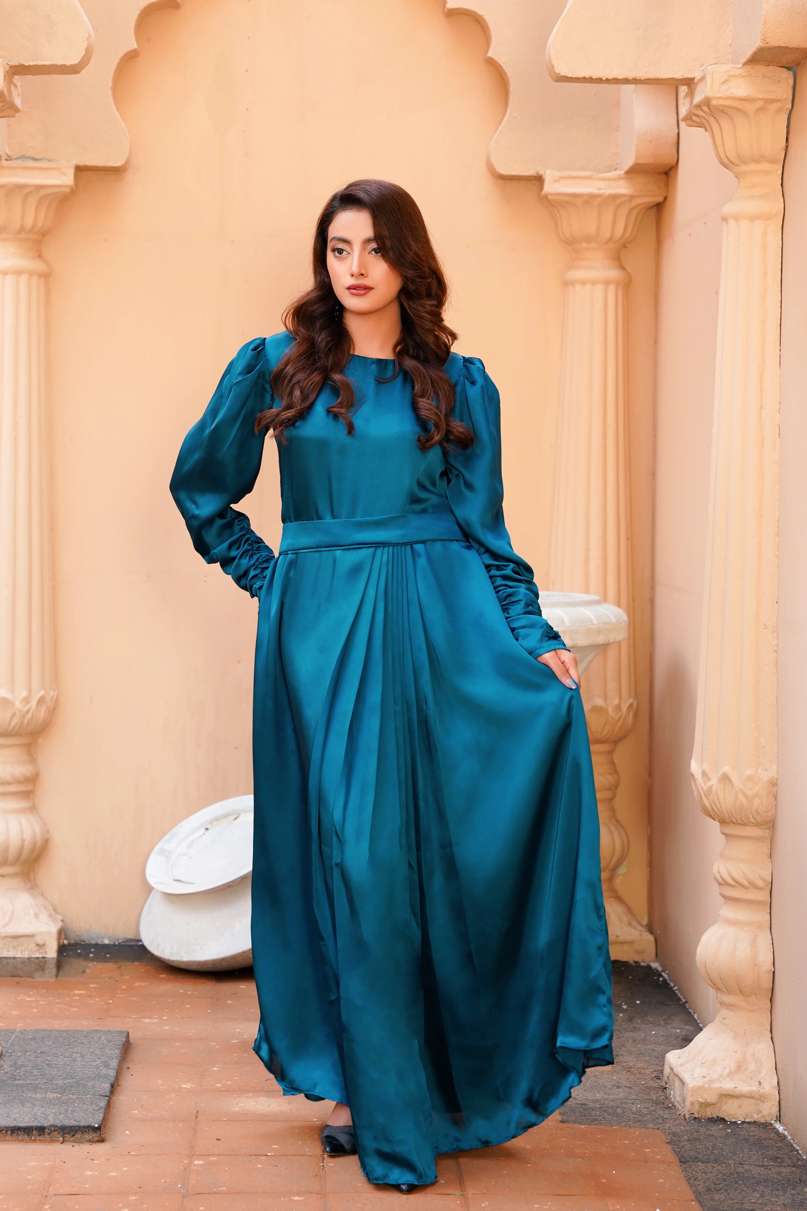 Teal Green Silk Long Maxi Dress