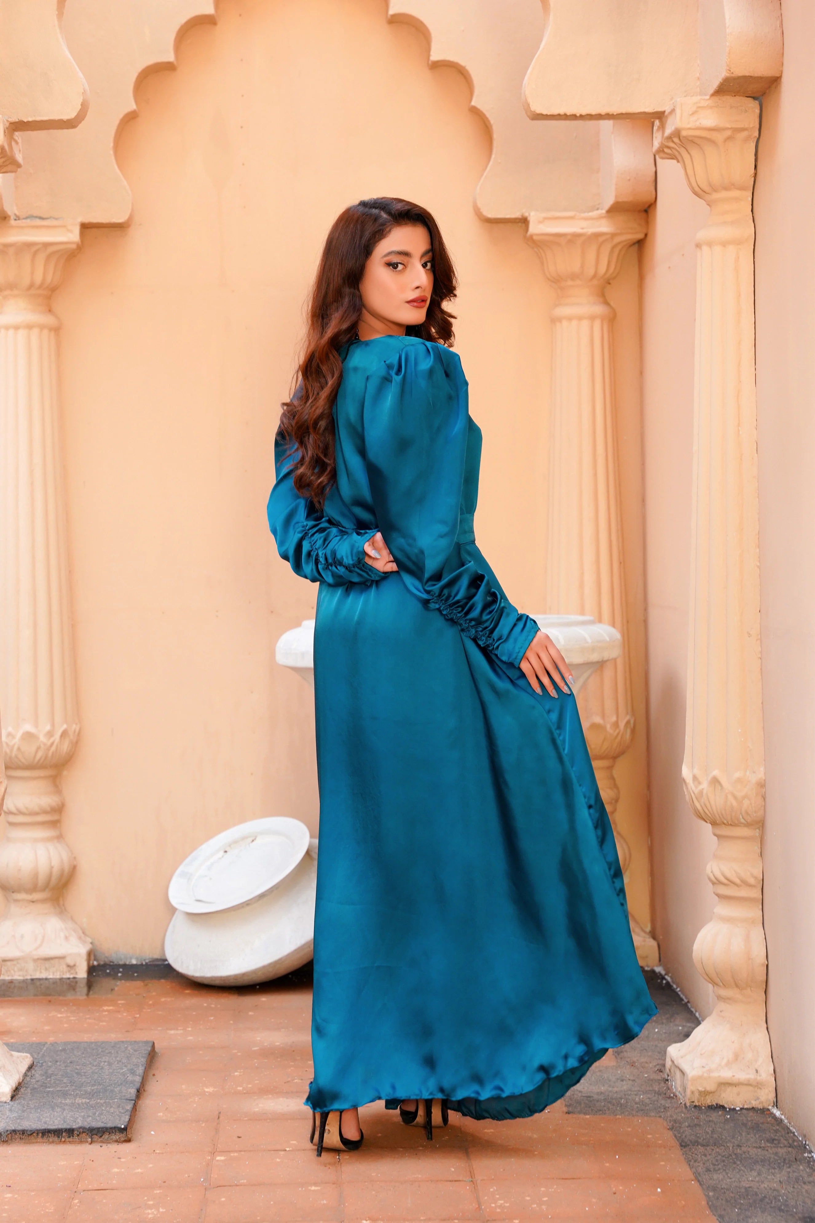 Teal Green Silk Long Maxi Dress