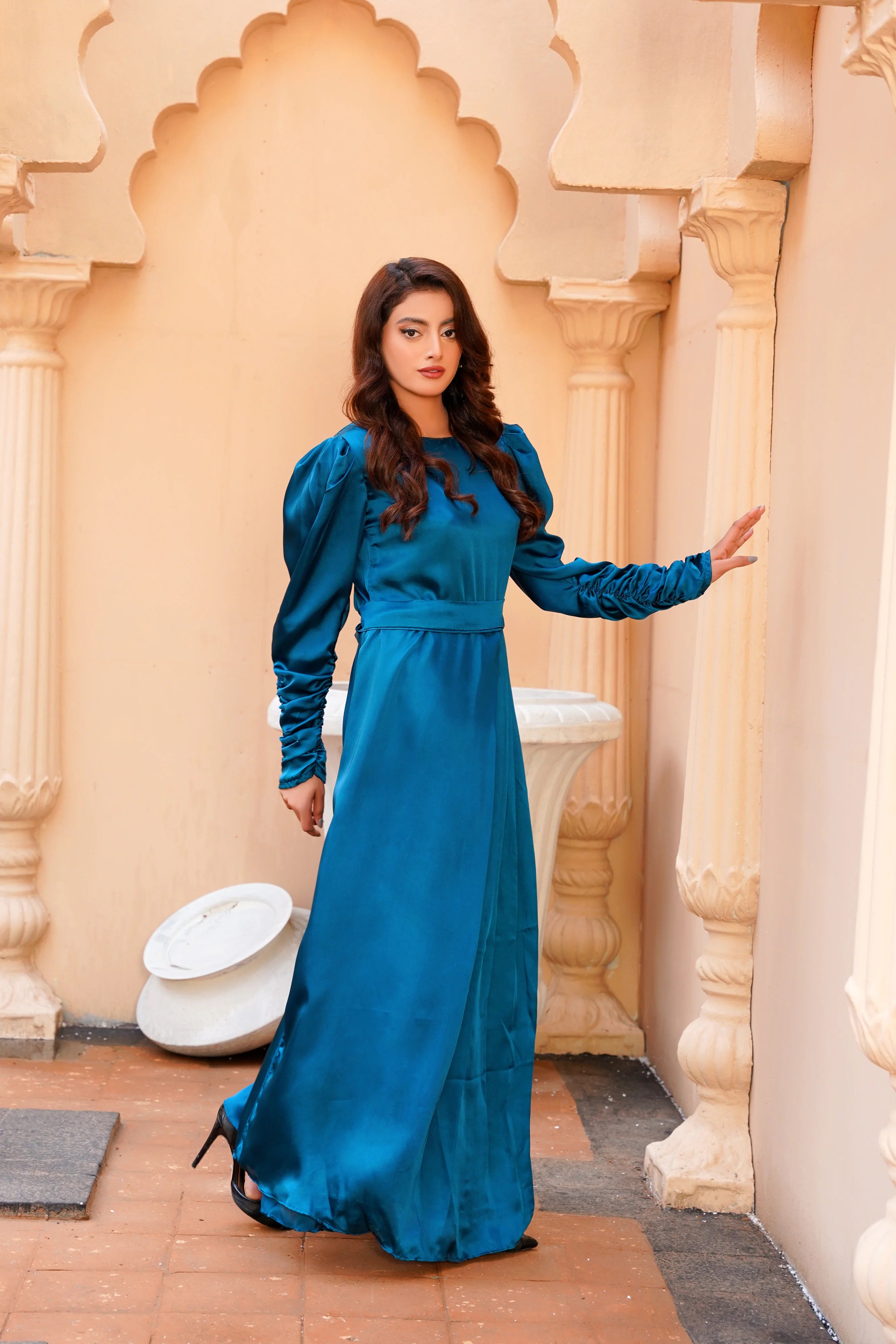 Teal Green Silk Long Maxi Dress